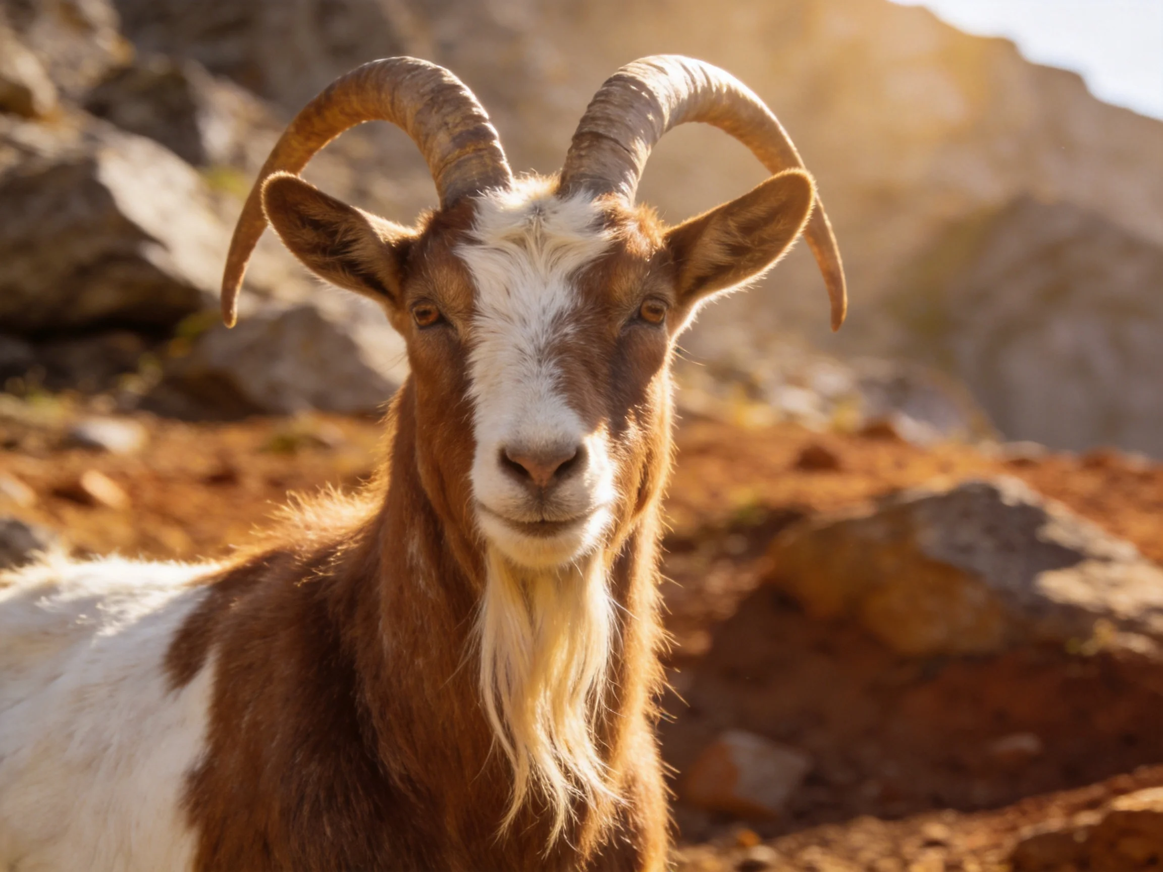 A brown-and-white goat with large curved horns is situated among rocky terrain.