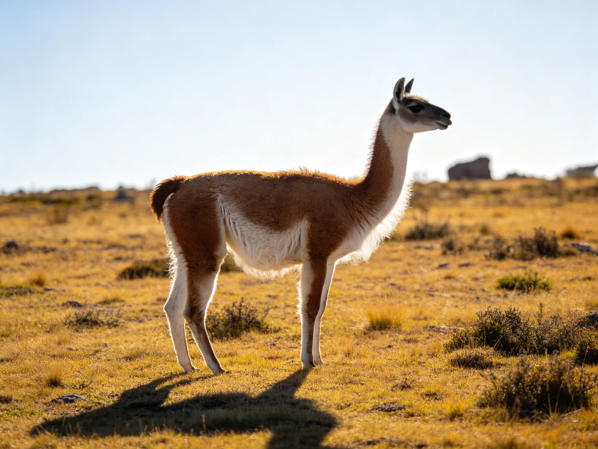 A brown and white guanaco stands in a sunlit golden field.