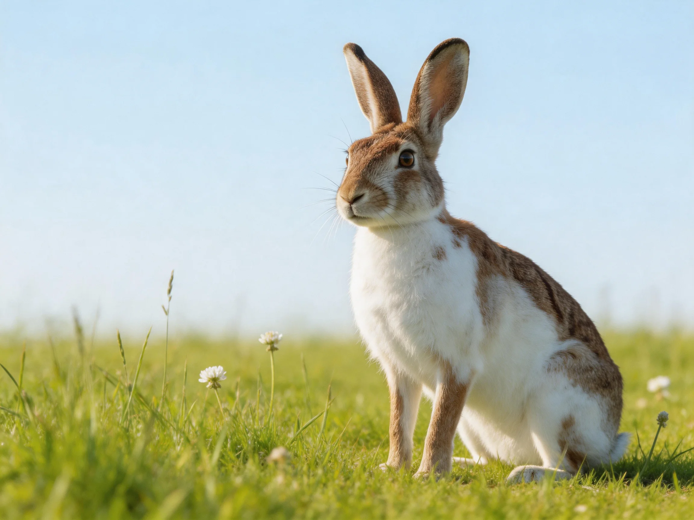 A brown and white hare sits in a sunlit green meadow