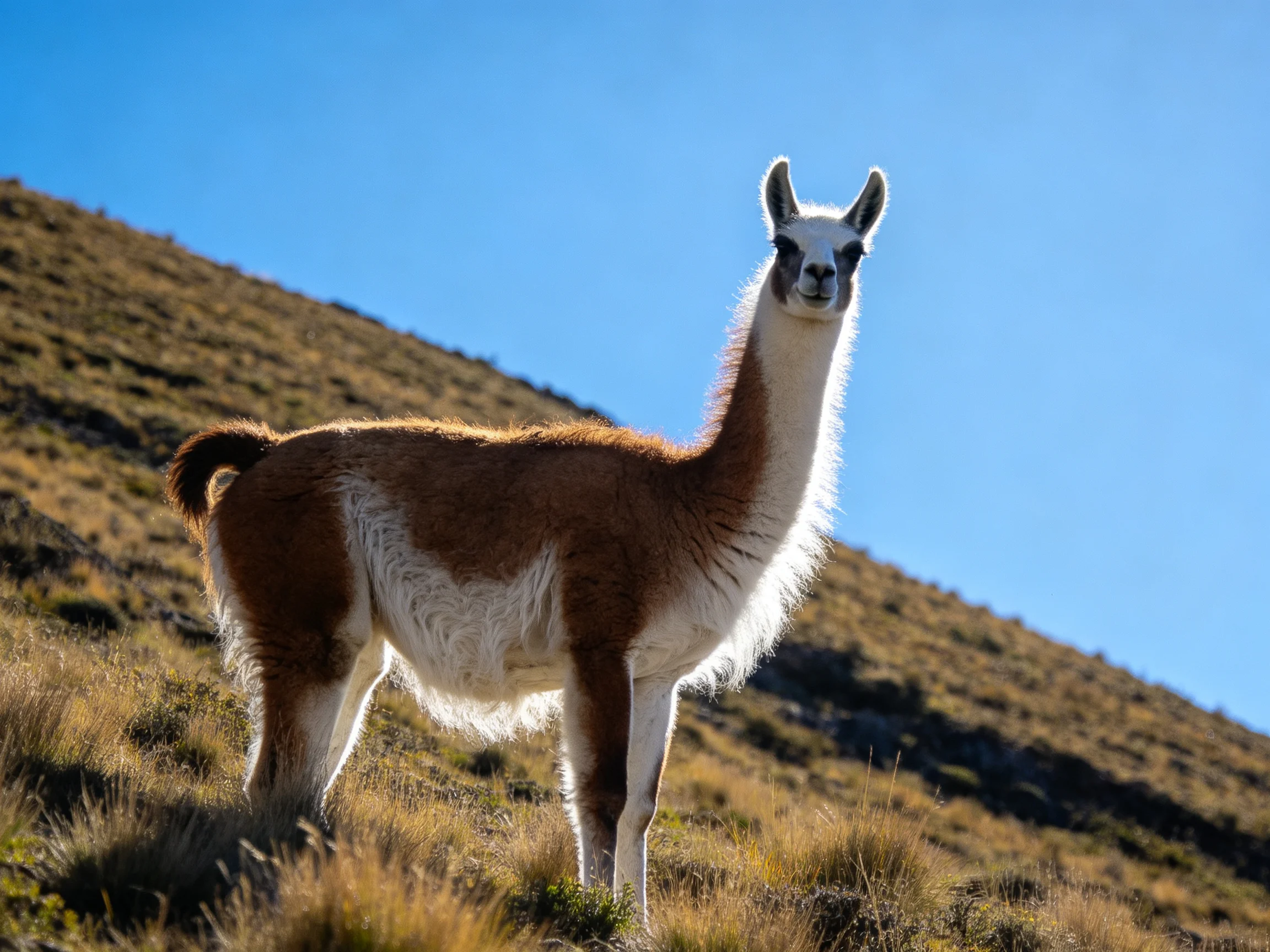 A brown and white llama stands on a grassy hillside beneath a clear blue sky.