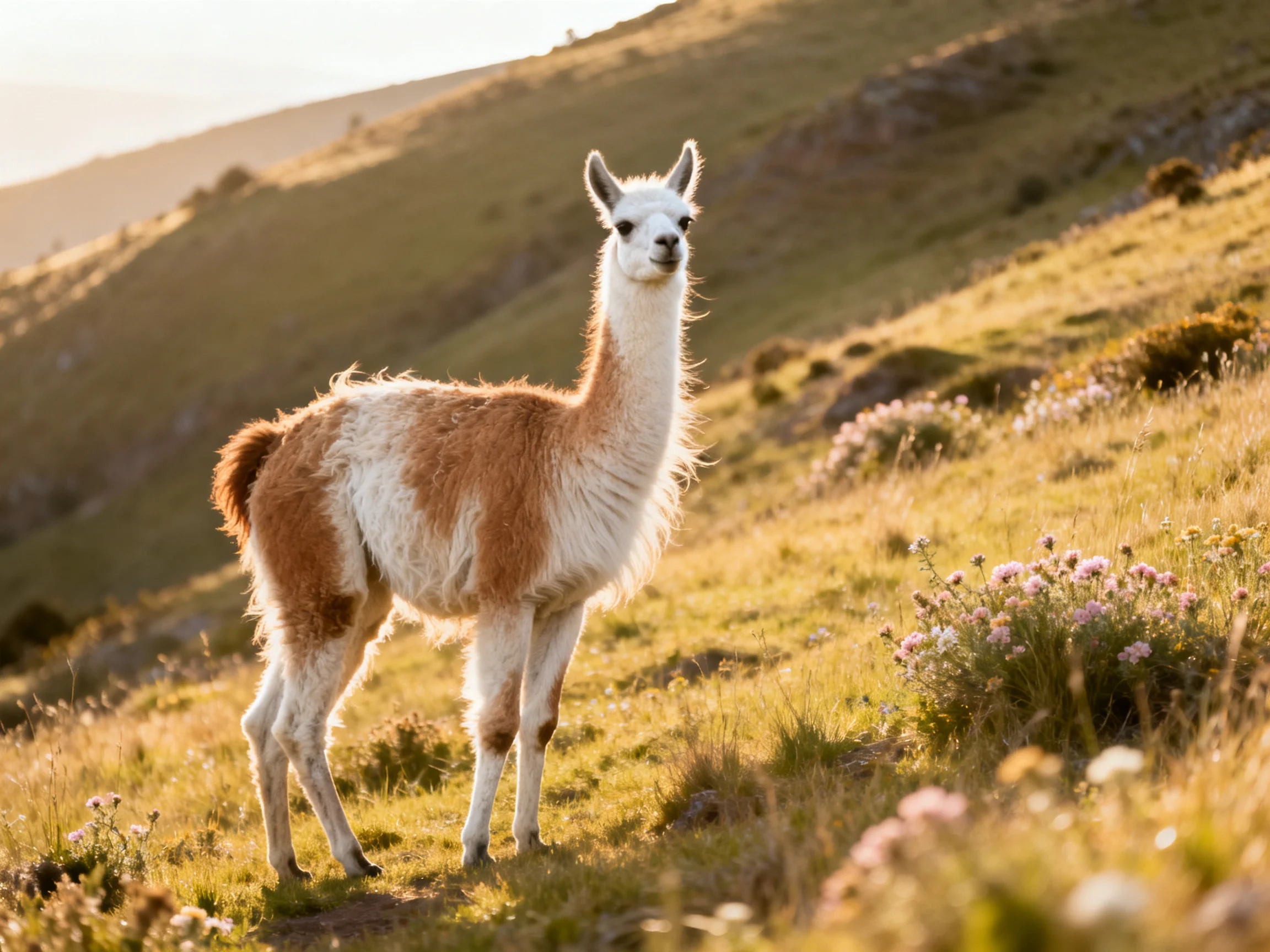 A brown and white llama stands in a sunlit grassy landscape.