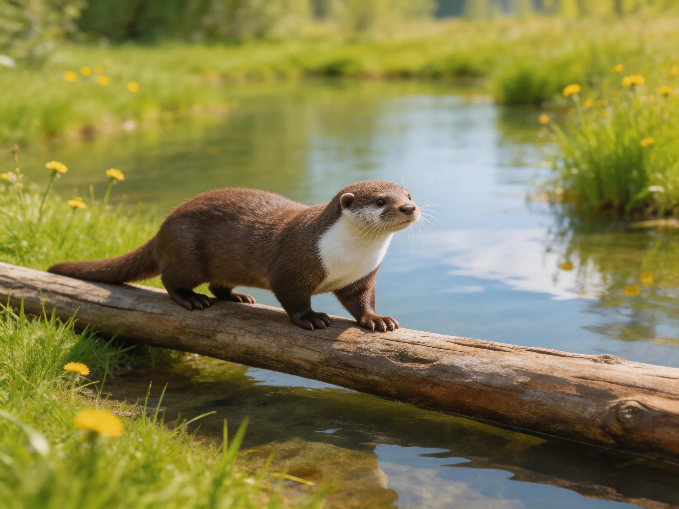 A brown and white otter stands on a weathered log by tranquil waters