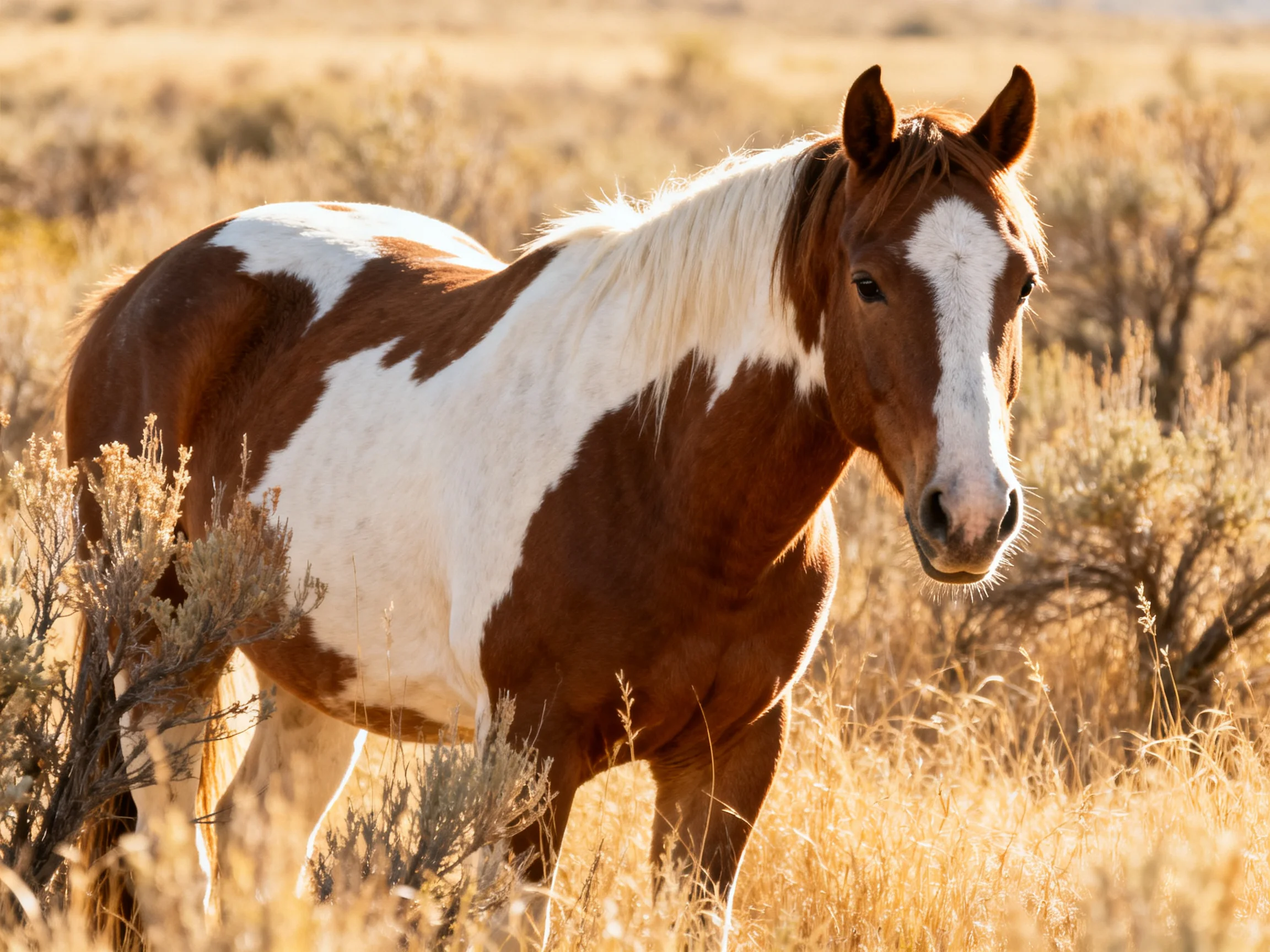 A brown and white paint horse stands in golden sagebrush-filled fields.