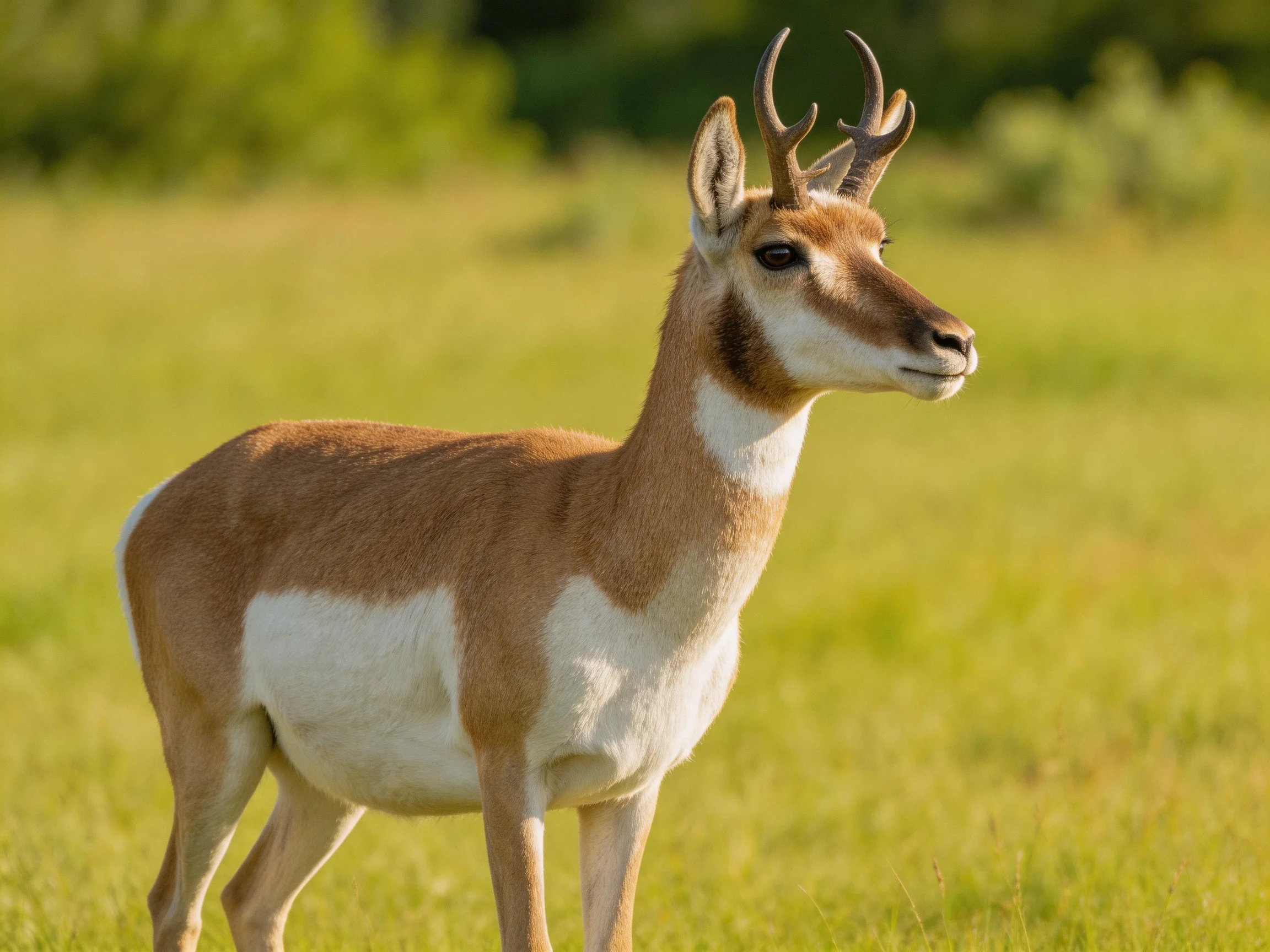 A brown and white pronghorn antelope in a sunlit grassy field