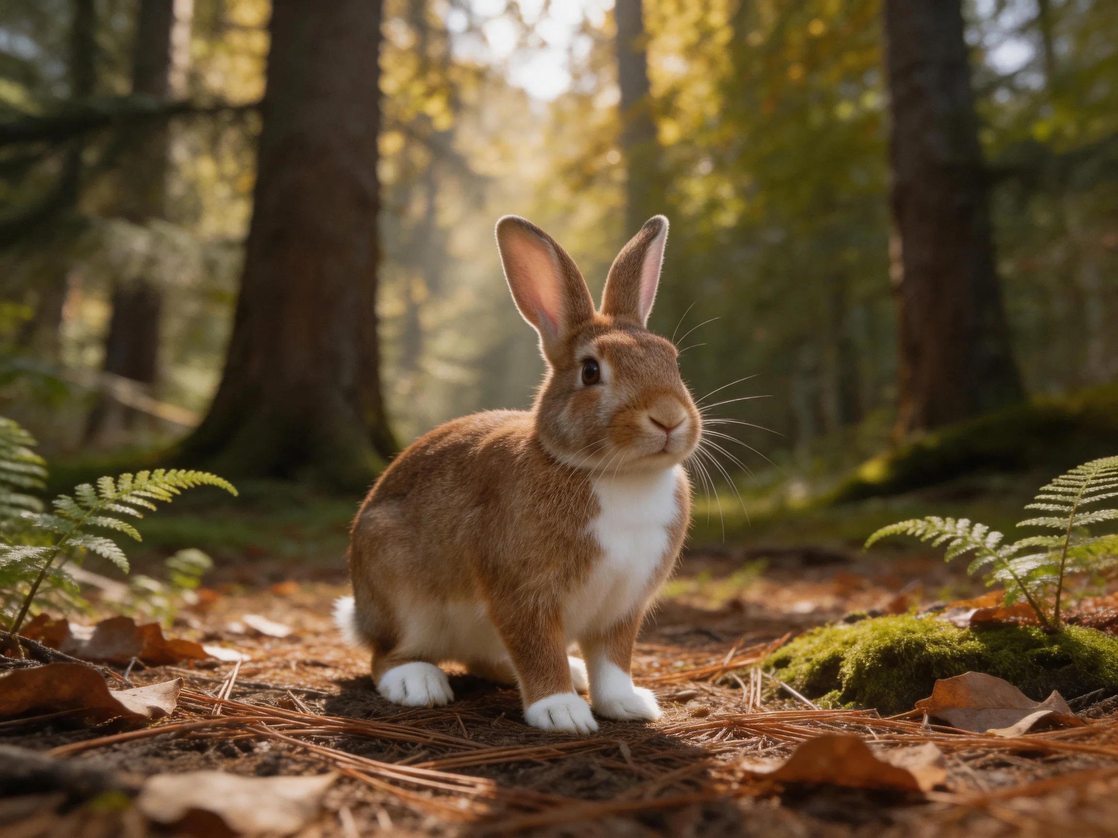 A brown and white rabbit sits amid ferns and pine needles in a sunlit forest