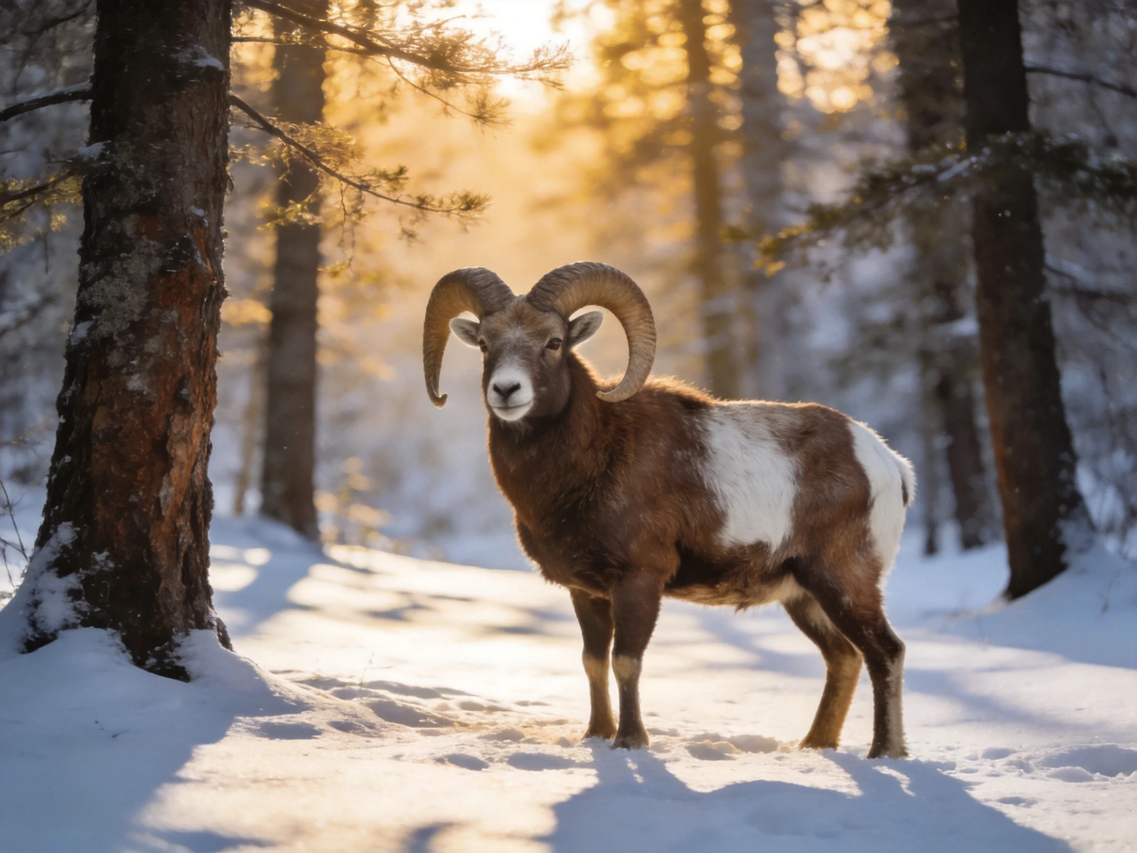 A brown-and-white ram with massive curved horns in a sunlit snowy forest