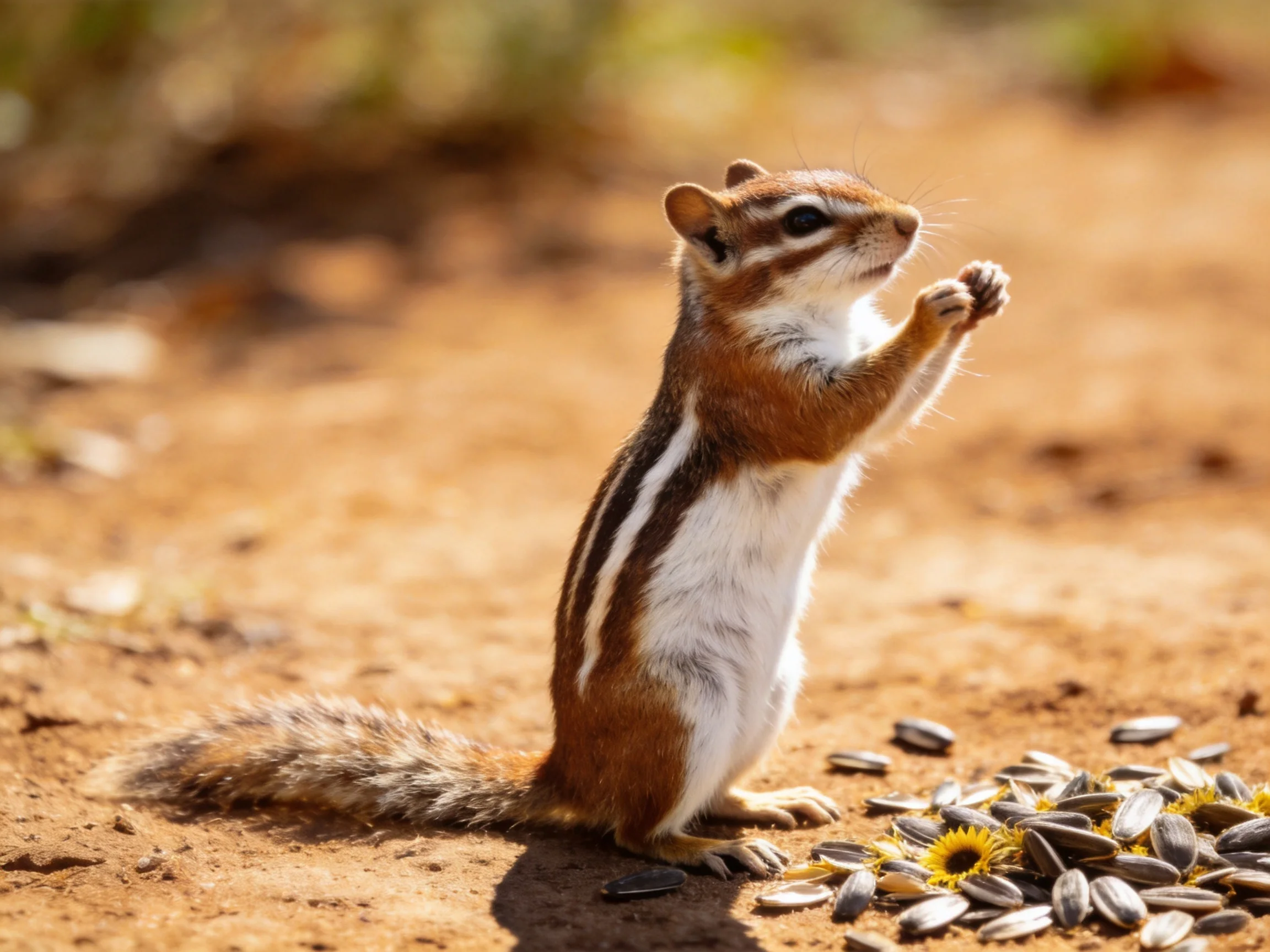 A brown and white striped chipmunk stands near scattered sunflower seeds