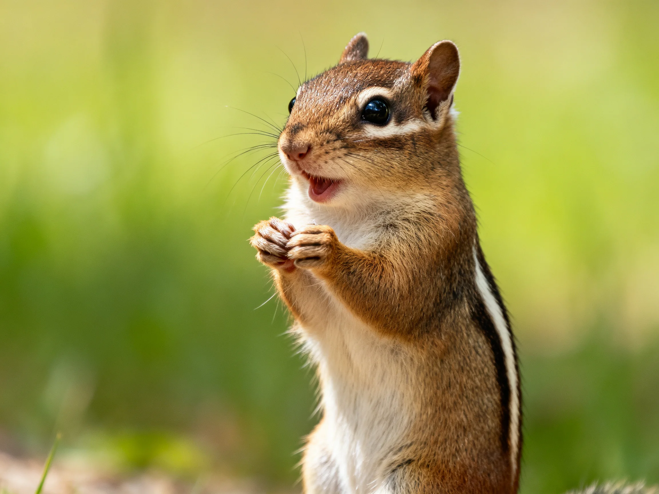 A brown and white striped chipmunk stands with paws clasped near a blurred green backdrop.