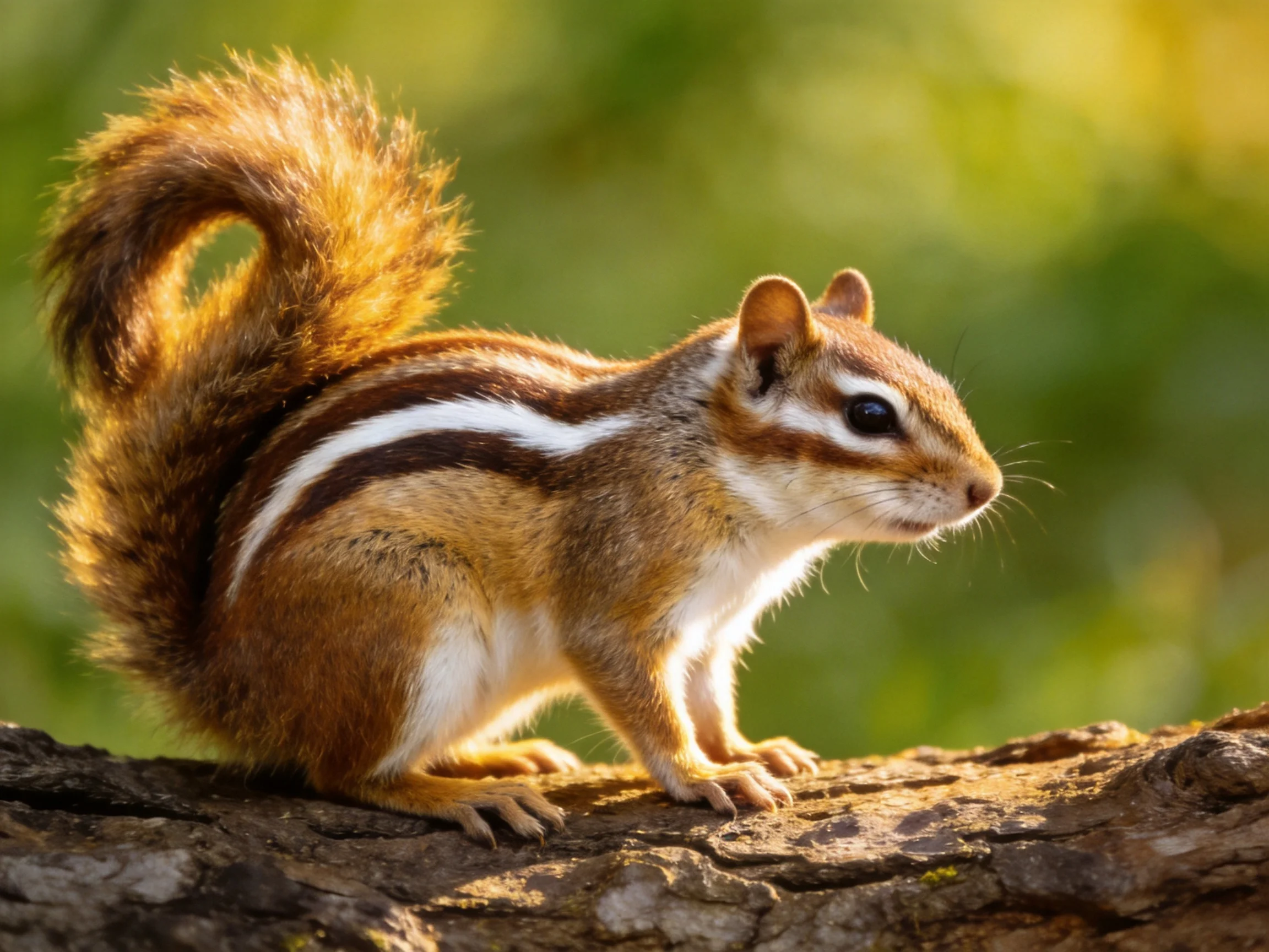 A brown and white striped squirrel perched on a rugged tree trunk