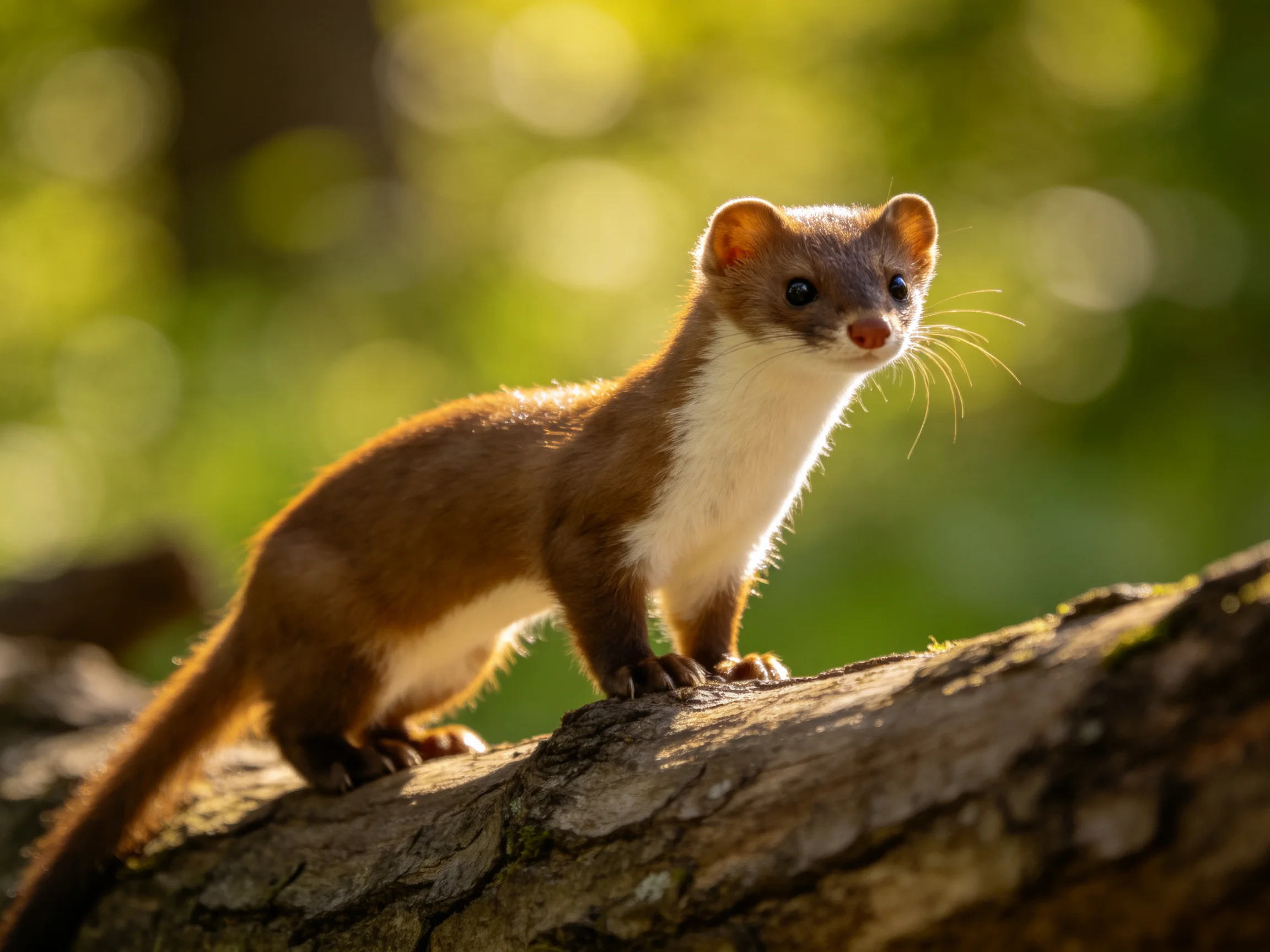 A brown and white weasel on a gnarled tree trunk