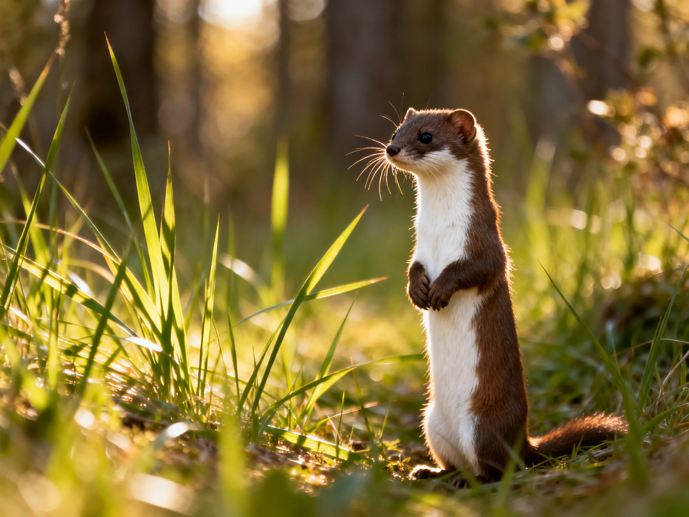A brown-and-white mammal stands upright in sunlit grass.