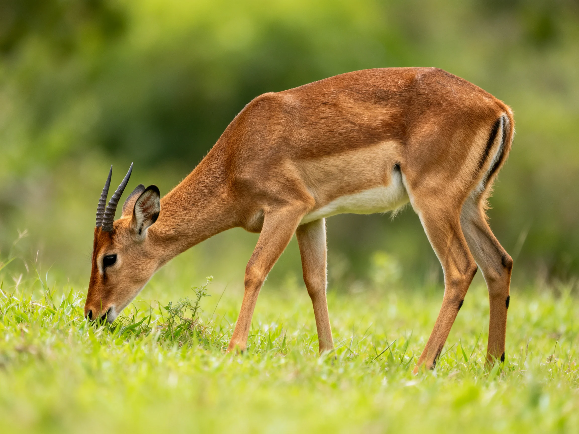 A brown antelope grazes in lush green savannah grass