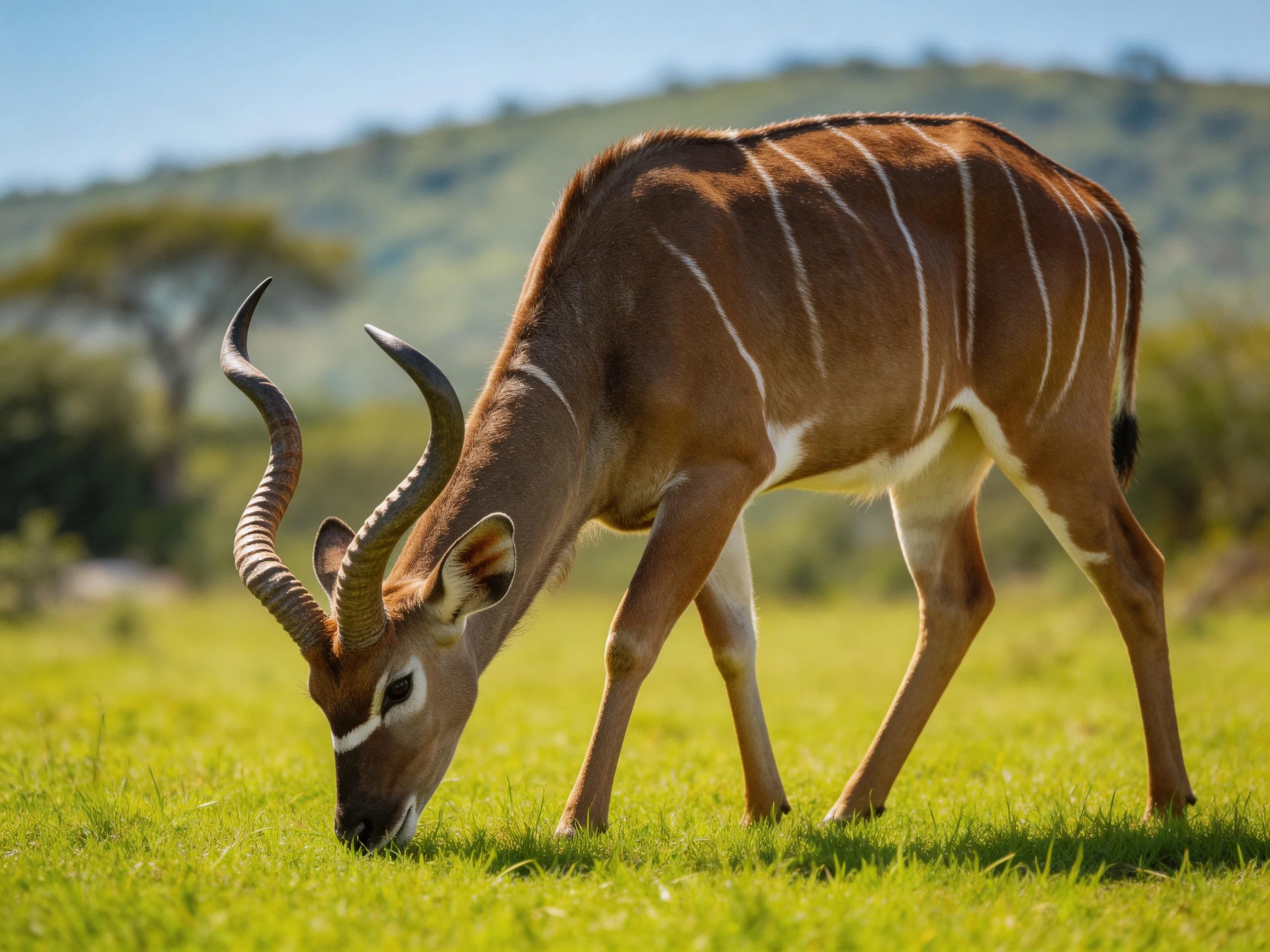 A brown antelope with white stripes grazes in a green meadow