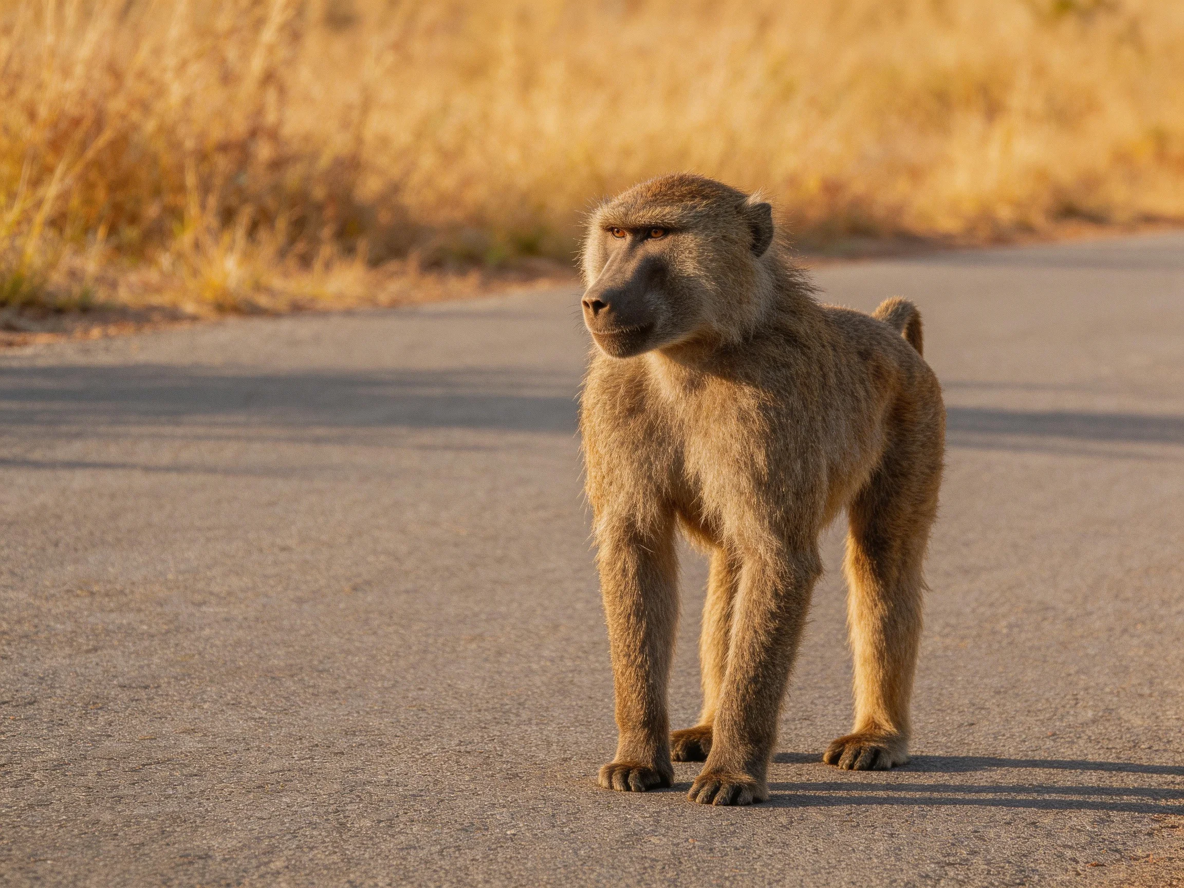 A baboon stands alone on an empty paved road.