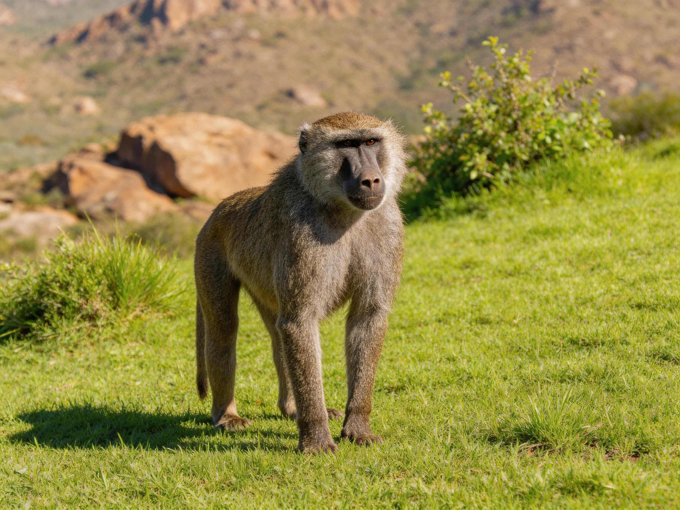 A brown baboon stands on lush green grass near rocky terrain