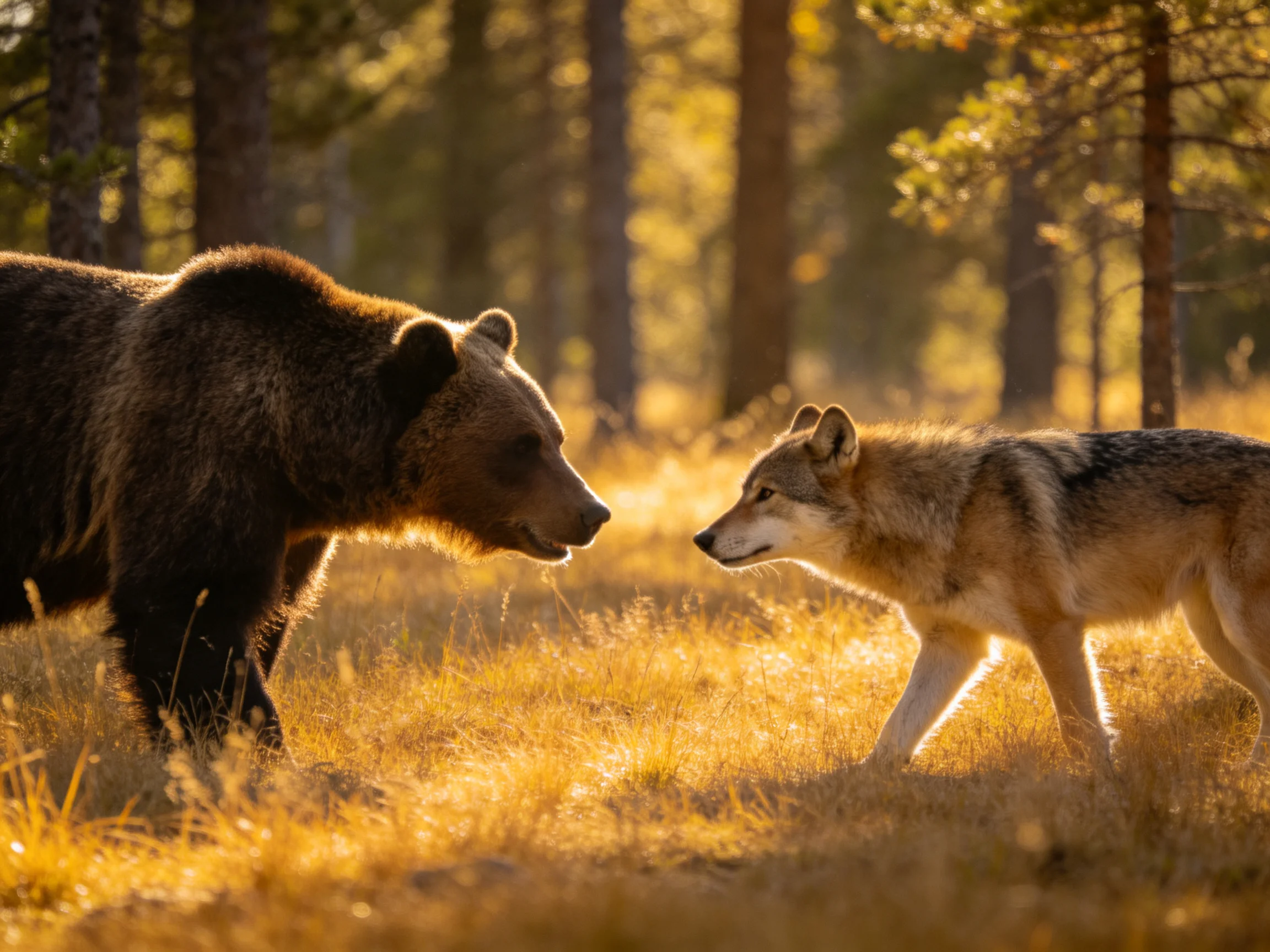 A brown bear and gray wolf face each other in a sunlit forest clearing