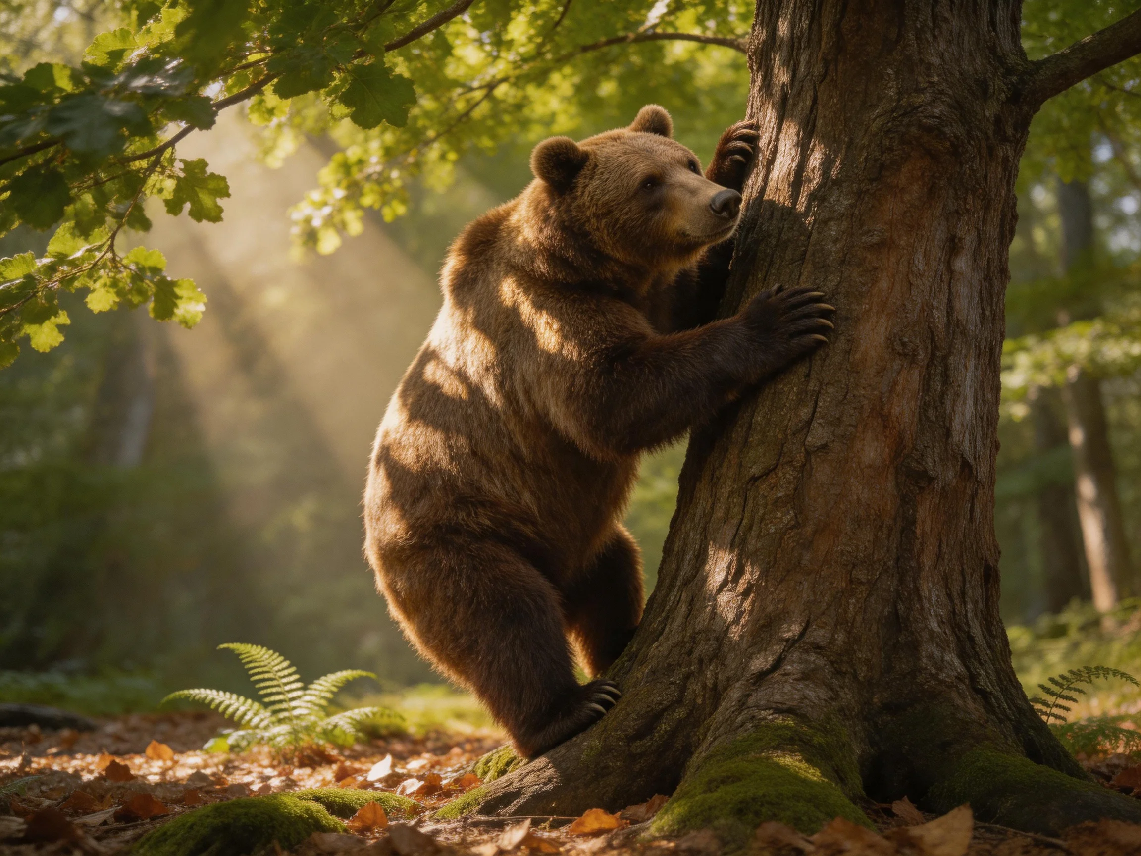 A brown bear climbs a moss-covered tree in a sun-dappled forest