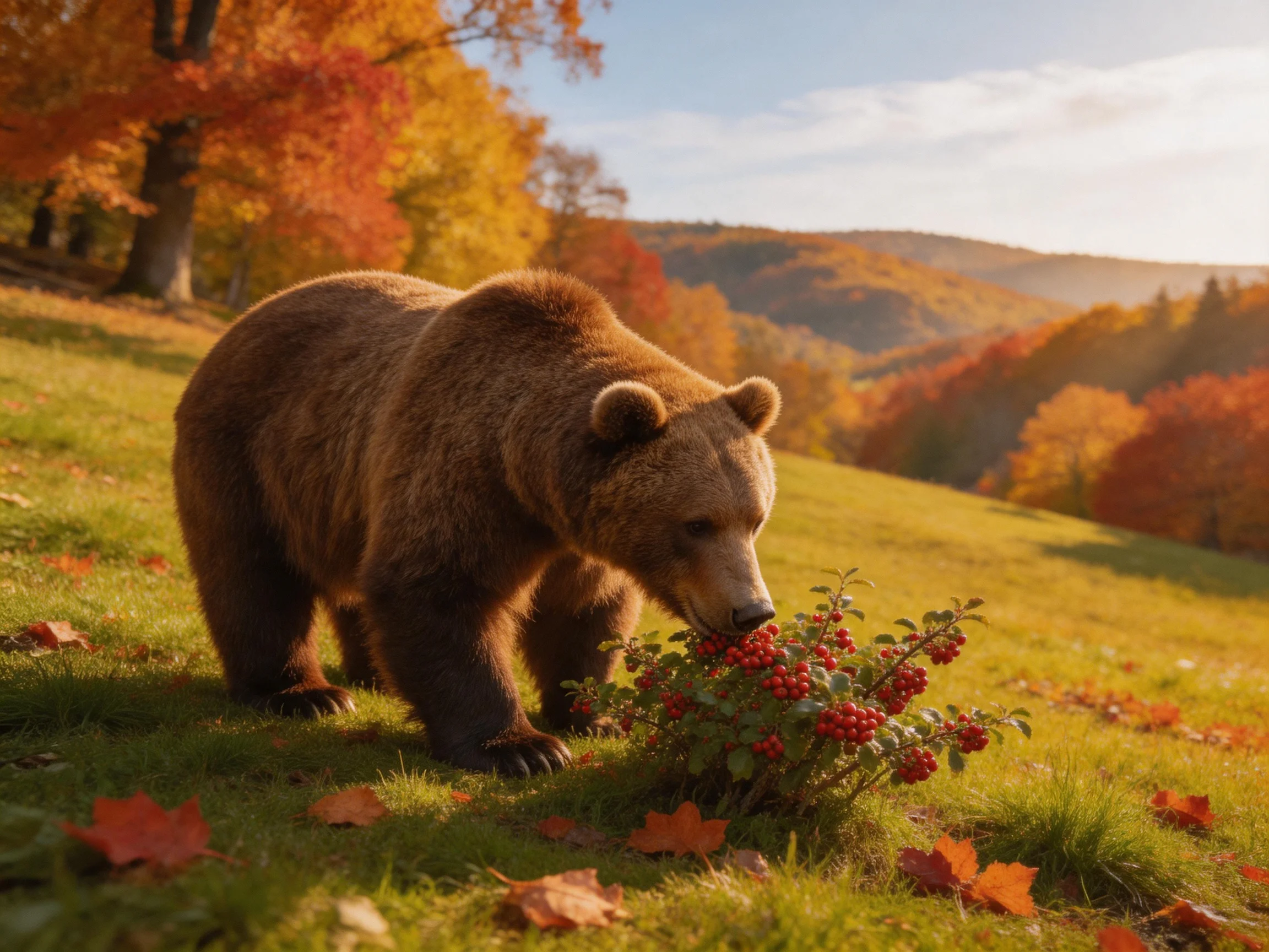 A brown bear explores a berry bush in an autumnal meadow
