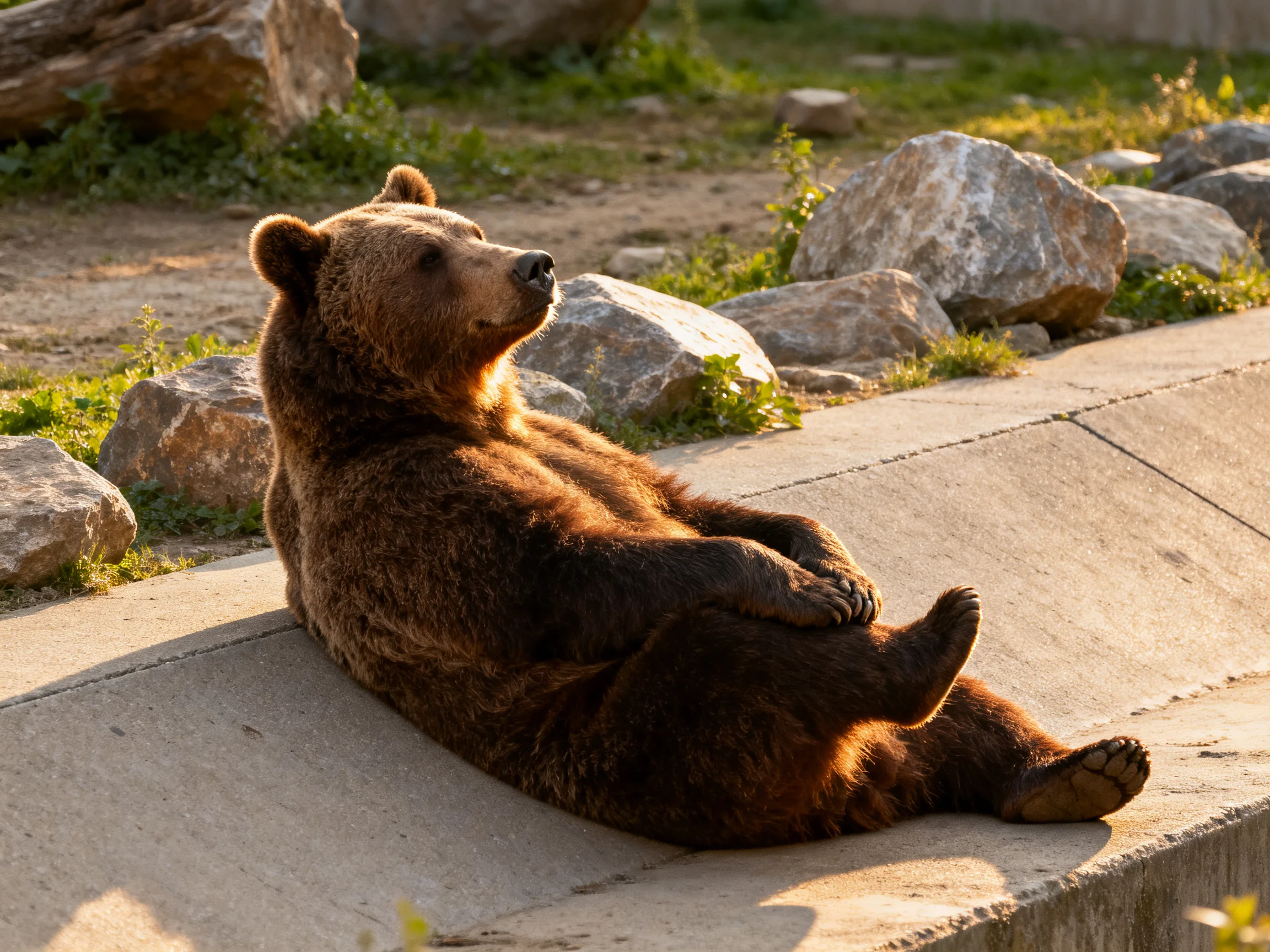 A brown bear reclines on concrete near rocks in a sunlit area.