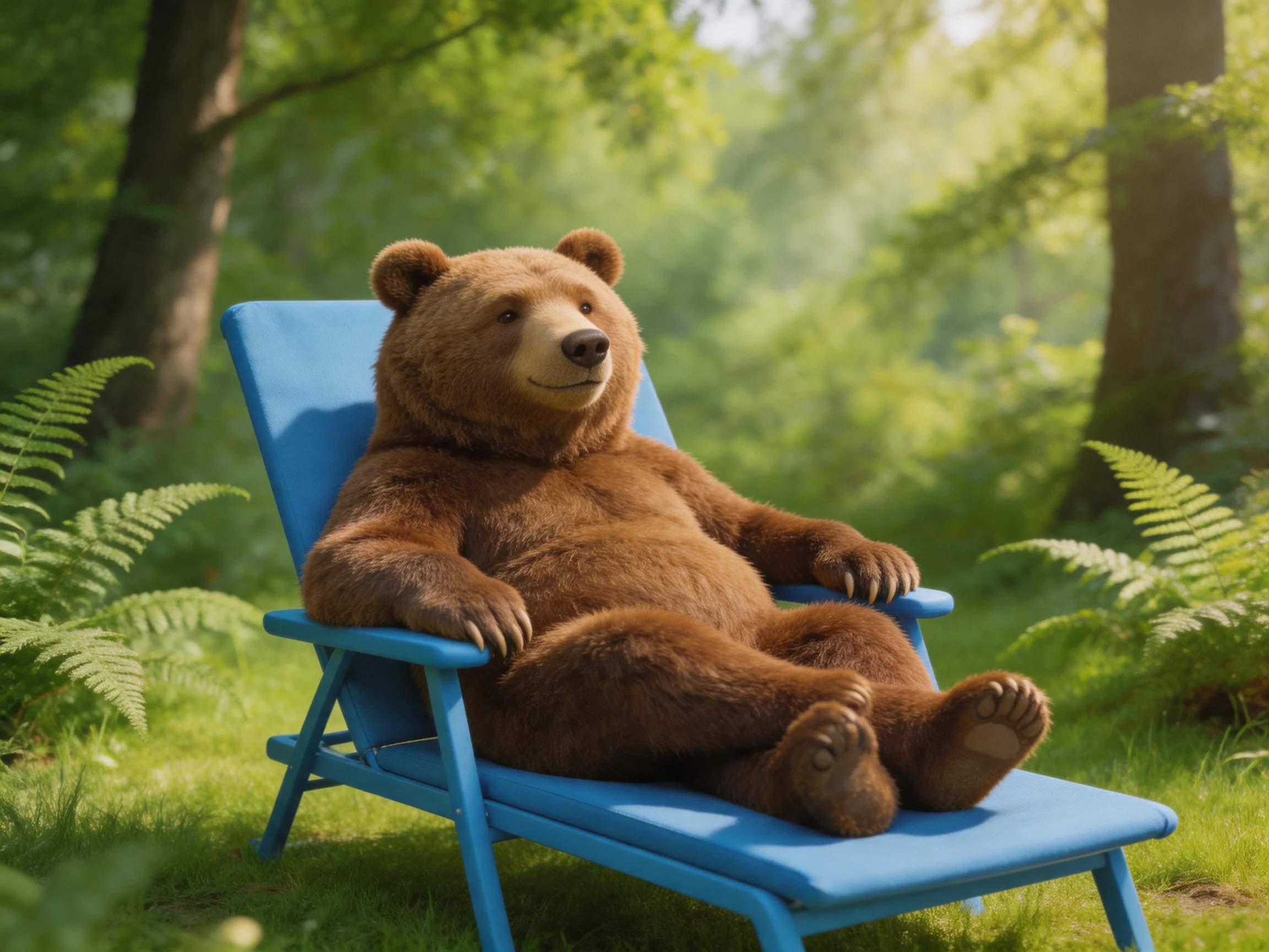 A brown bear relaxes on a bright blue lounge chair in a lush forest