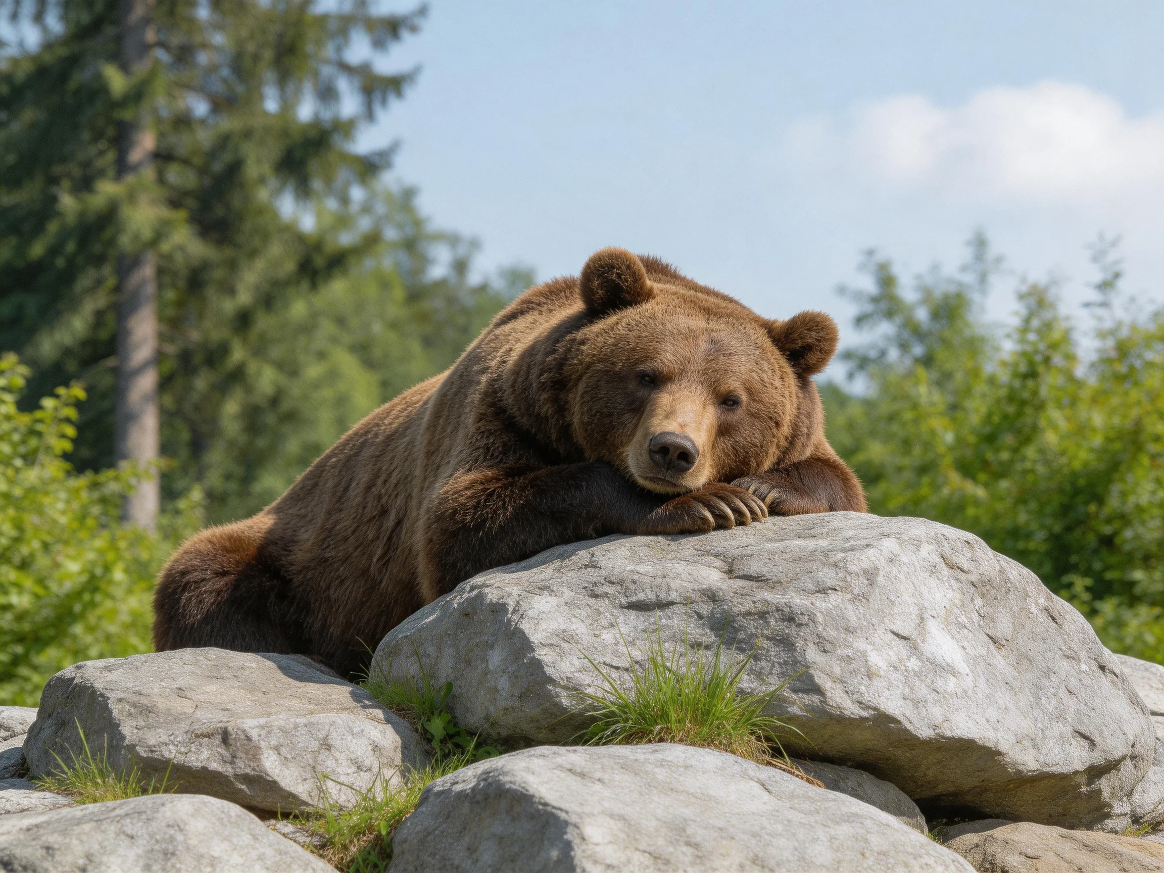 A brown bear rests atop large gray rocks near green trees