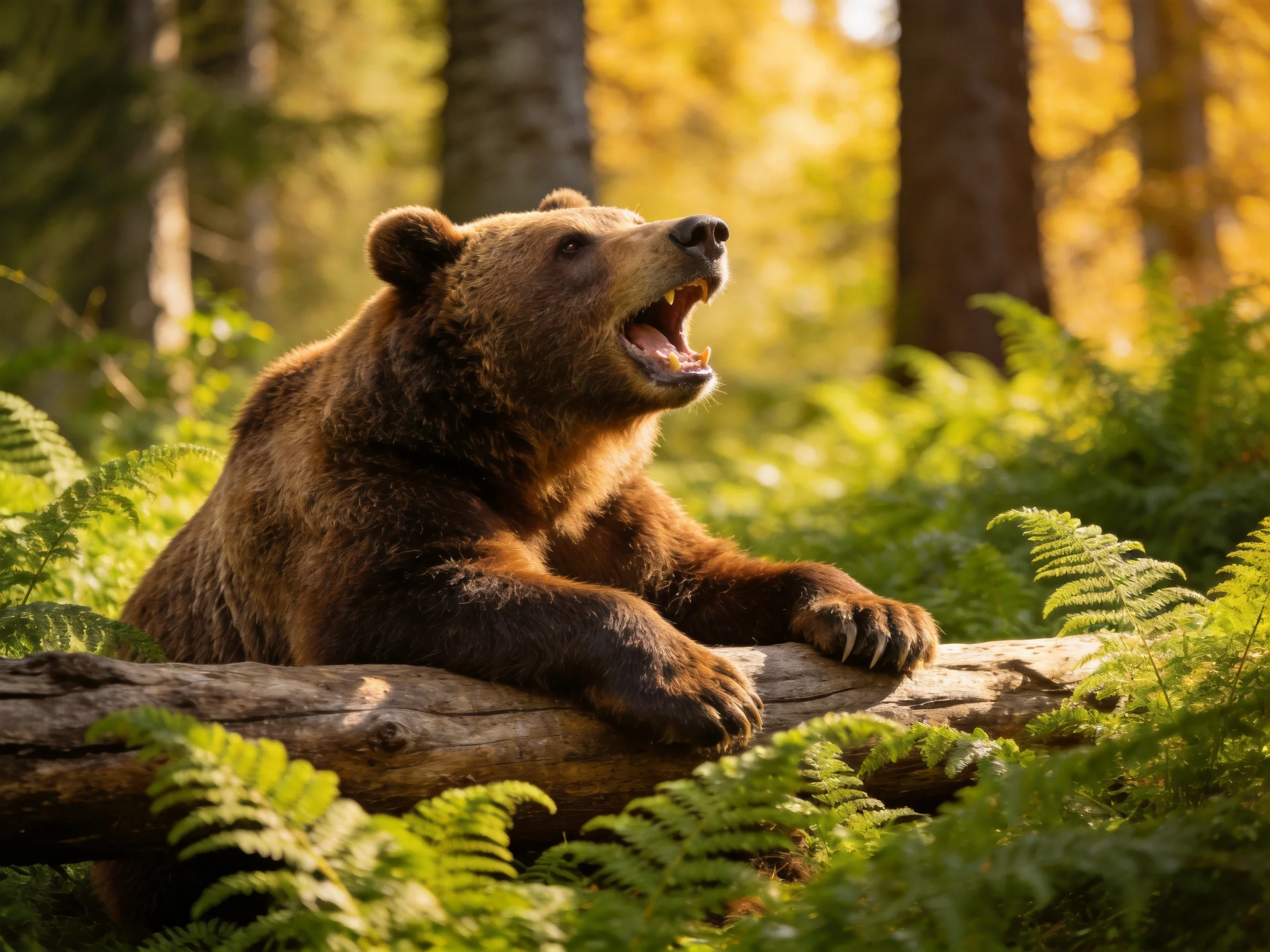 A brown bear rests on a log amid lush green ferns in a sunlit forest