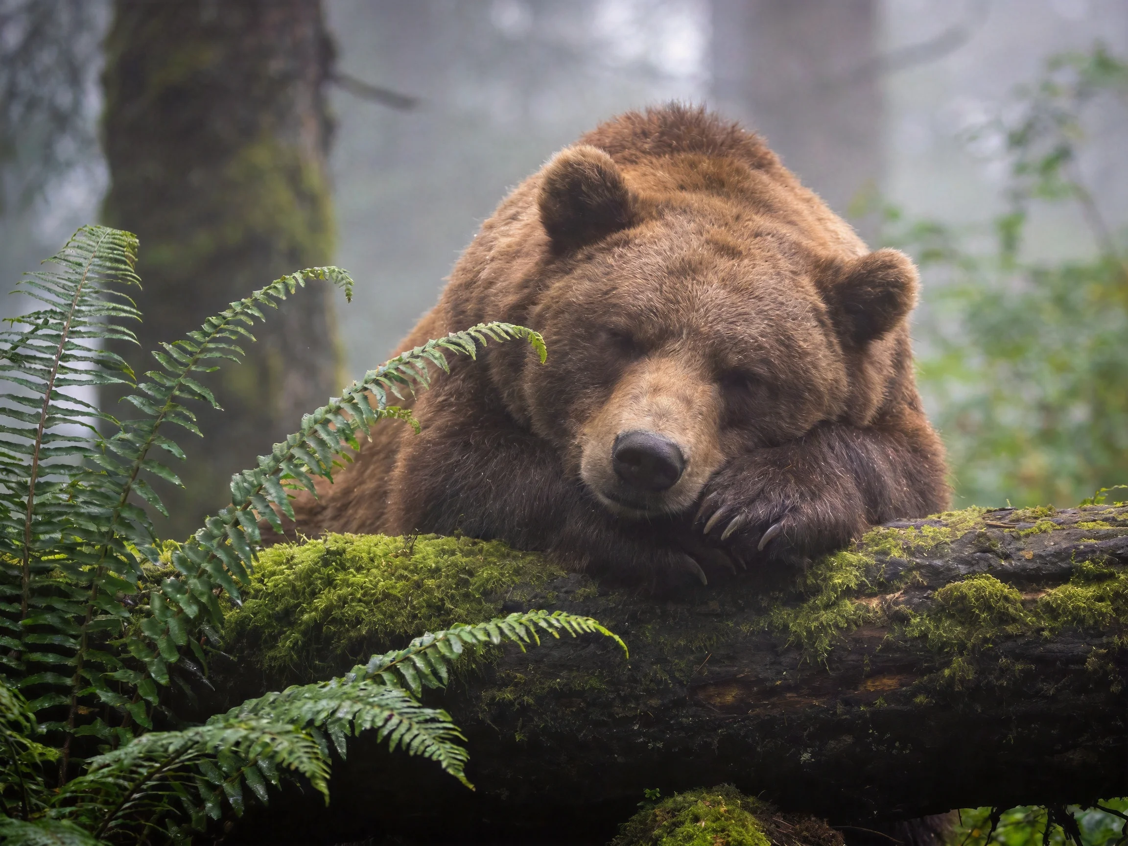 A brown bear rests on a moss-covered log amid lush greenery