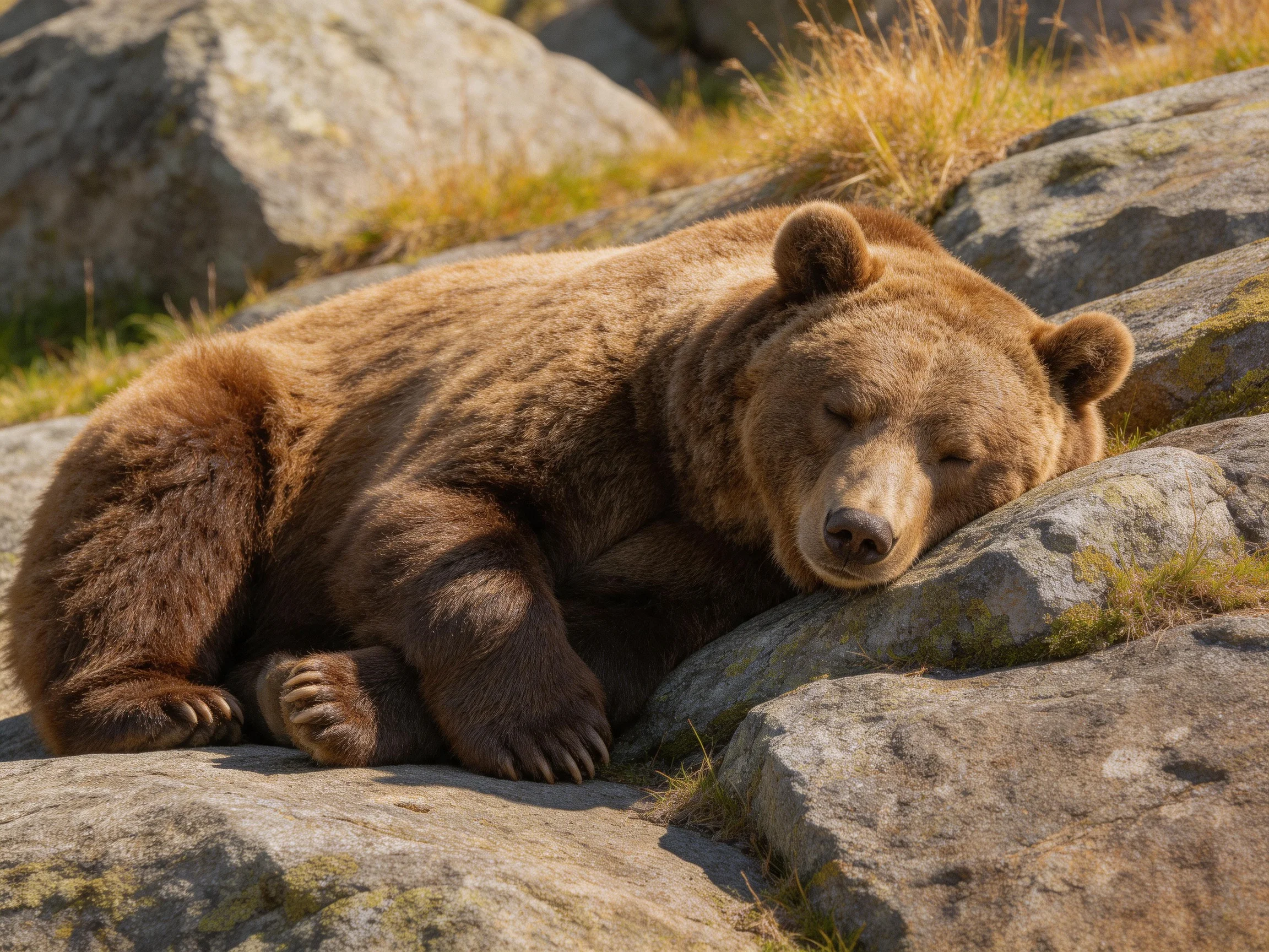 A brown bear rests on large gray rocks amid dry grass