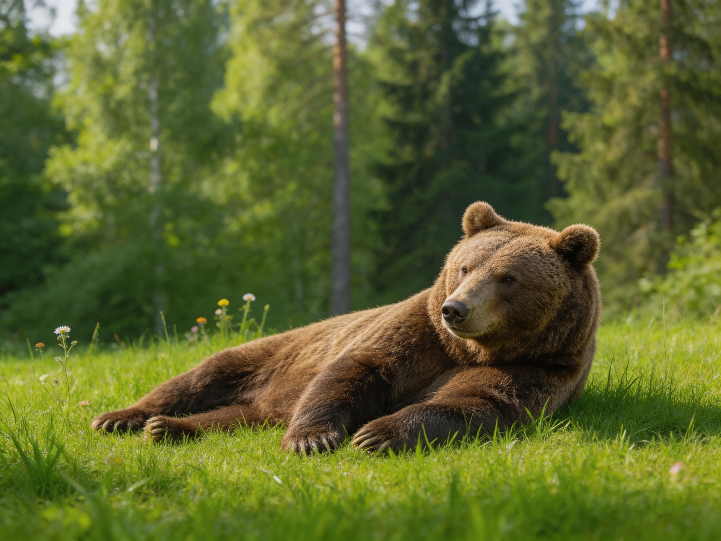 A brown bear rests on lush green grass amid tall forest trees