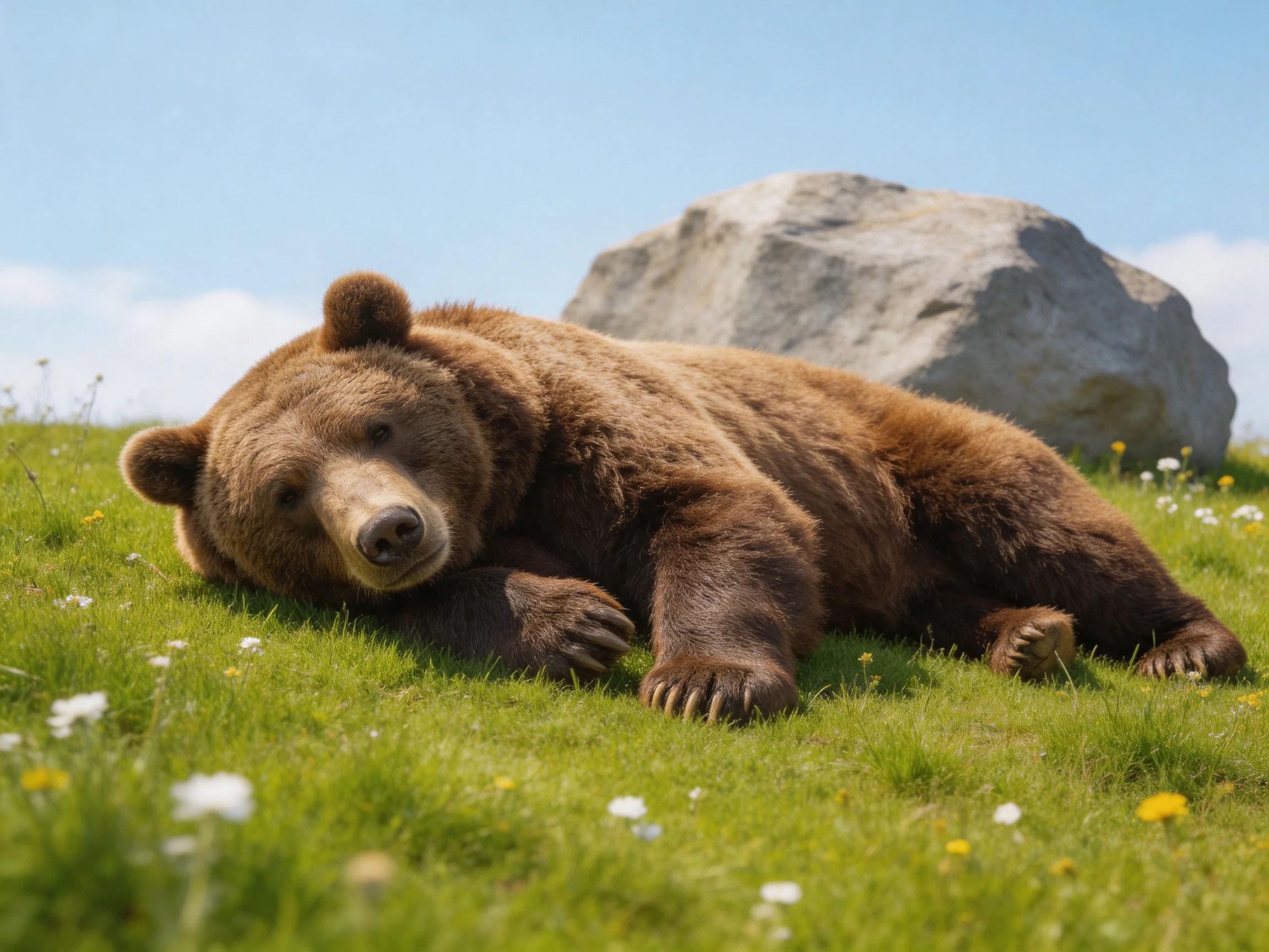 A brown bear rests on lush green grass near a large gray boulder