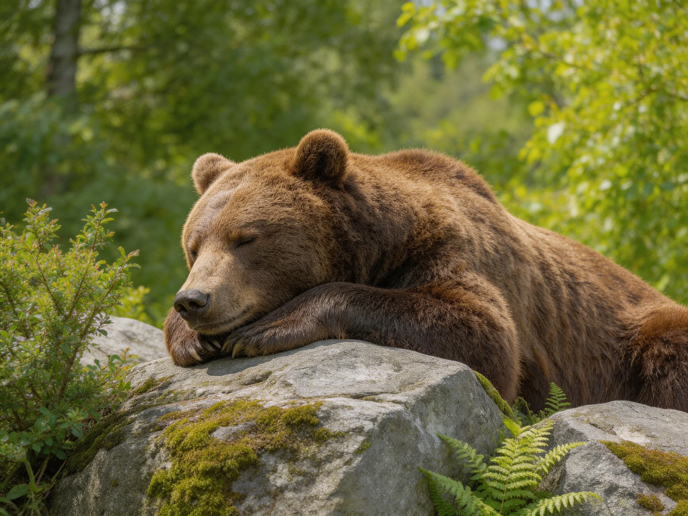A brown bear rests on moss-covered rocks amid lush green foliage