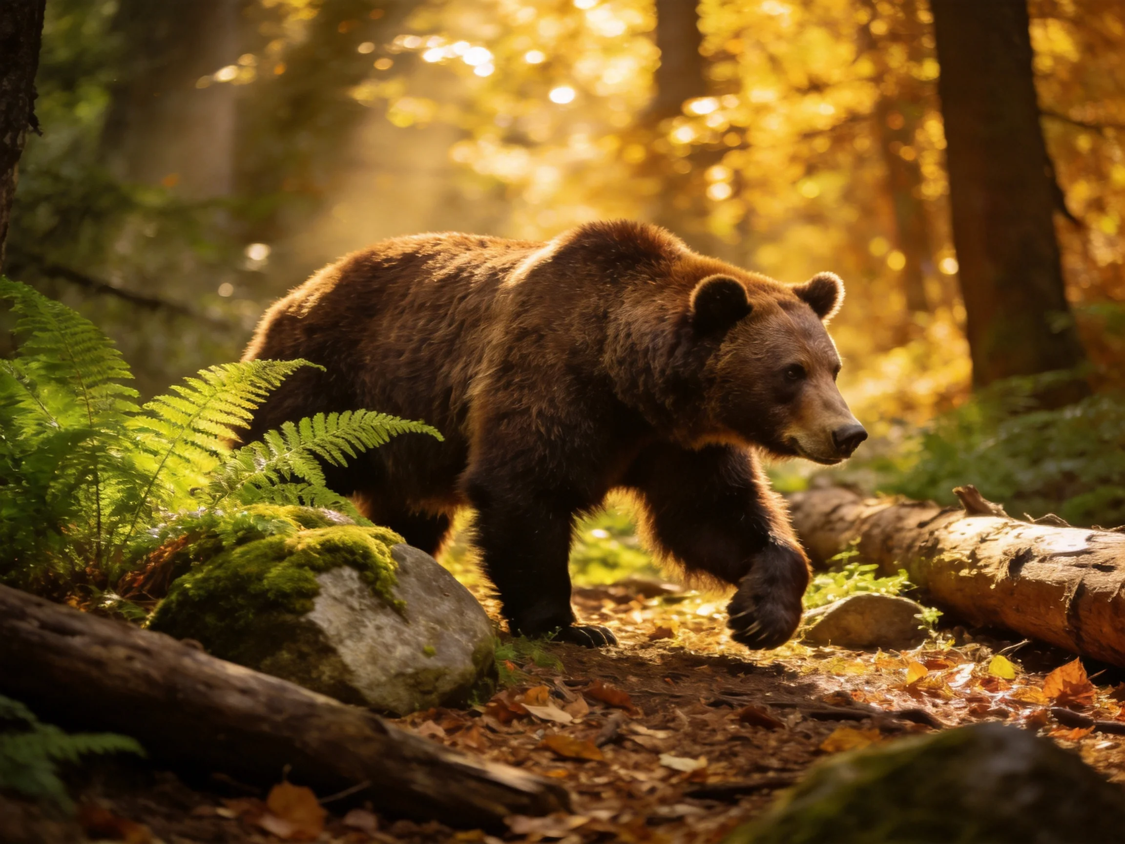 A brown bear roams a sun-dappled autumn forest with ferns and fallen logs