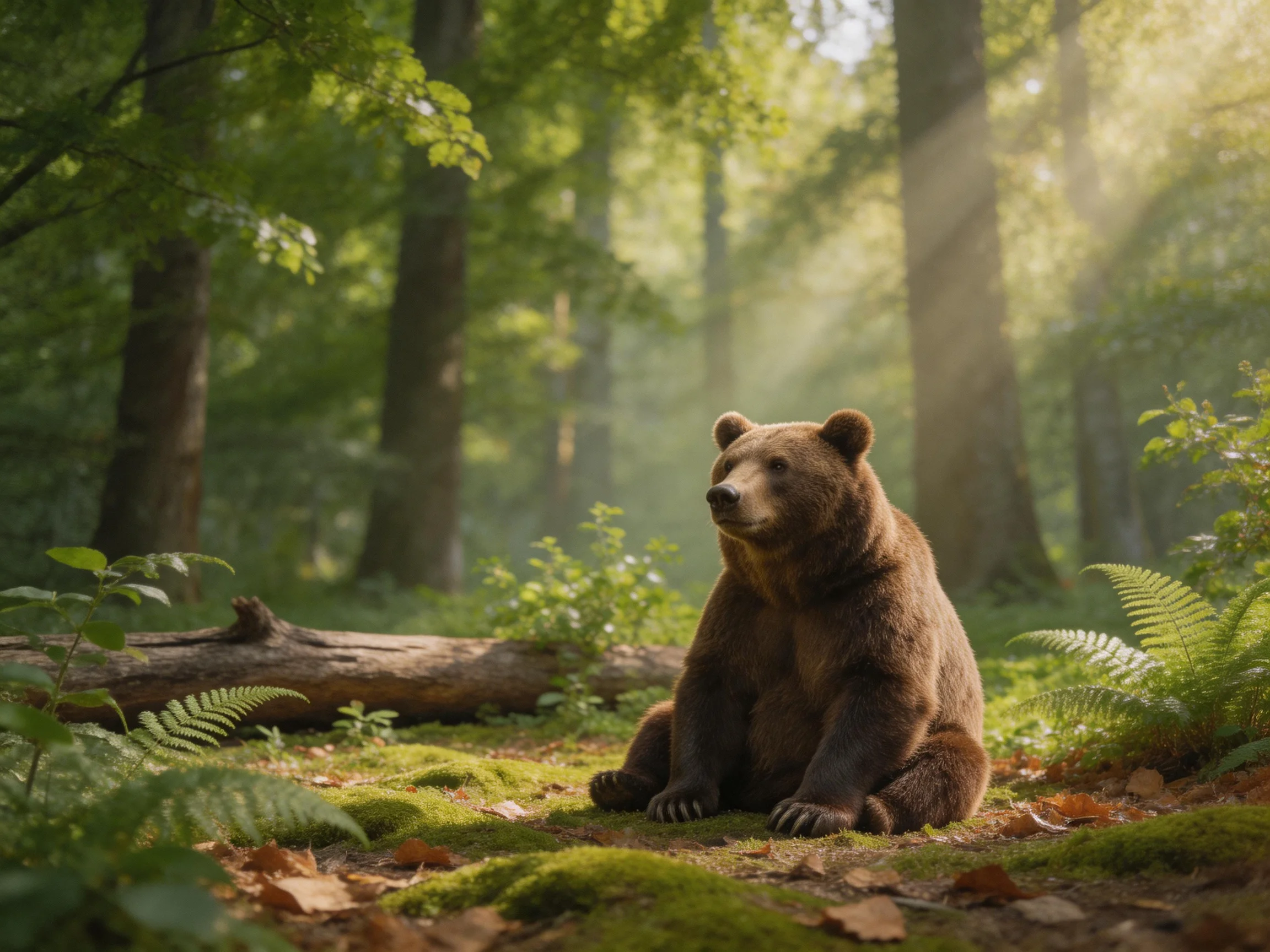 A brown bear sits on moss amid ferns in a sunlit forest