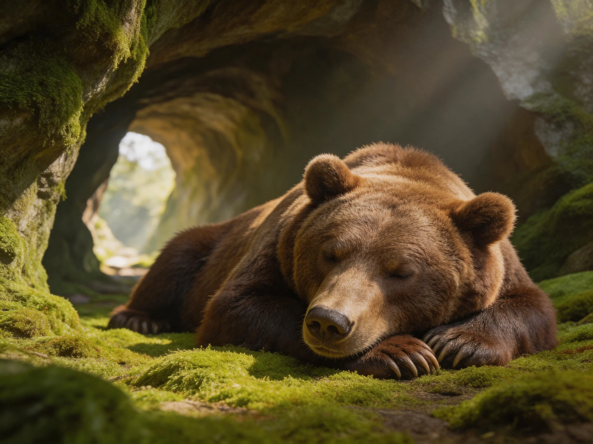 A brown bear sleeps in a moss - covered hollow with sunlight filtering