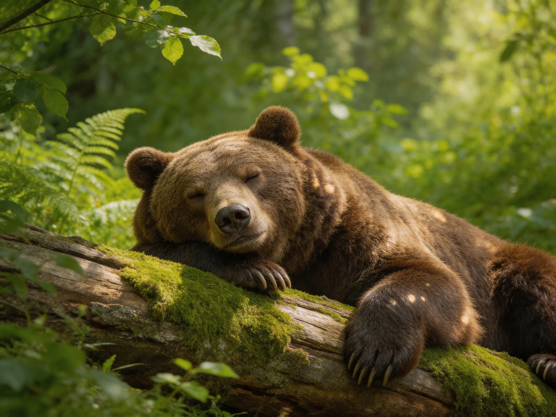 A brown bear naps on a mossy log amidst lush green vegetation.
