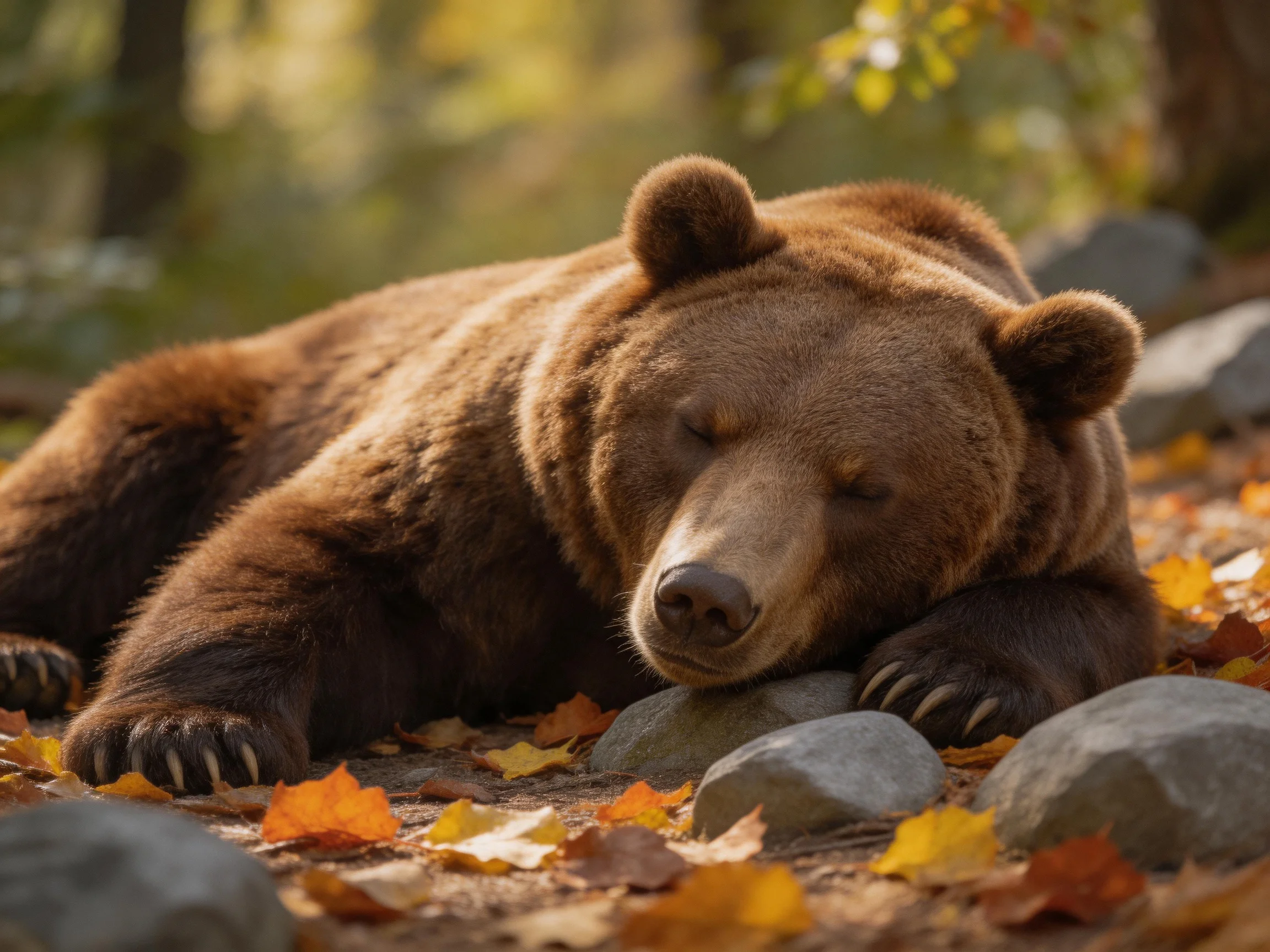 A brown bear sleeps on autumn leaves and gray stones in a sunlit forest
