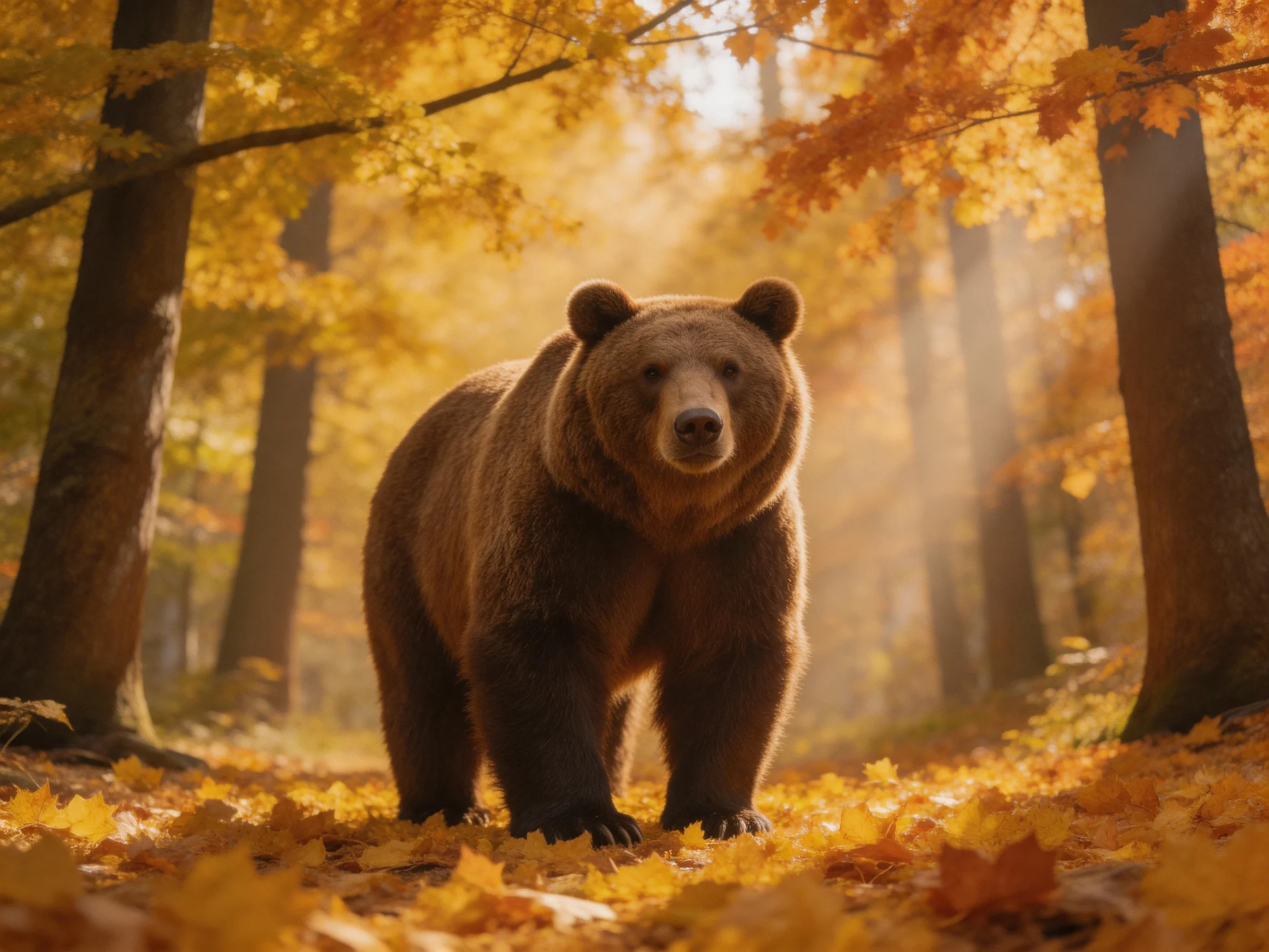 A brown bear stands amid golden autumn foliage in a sun-dappled forest