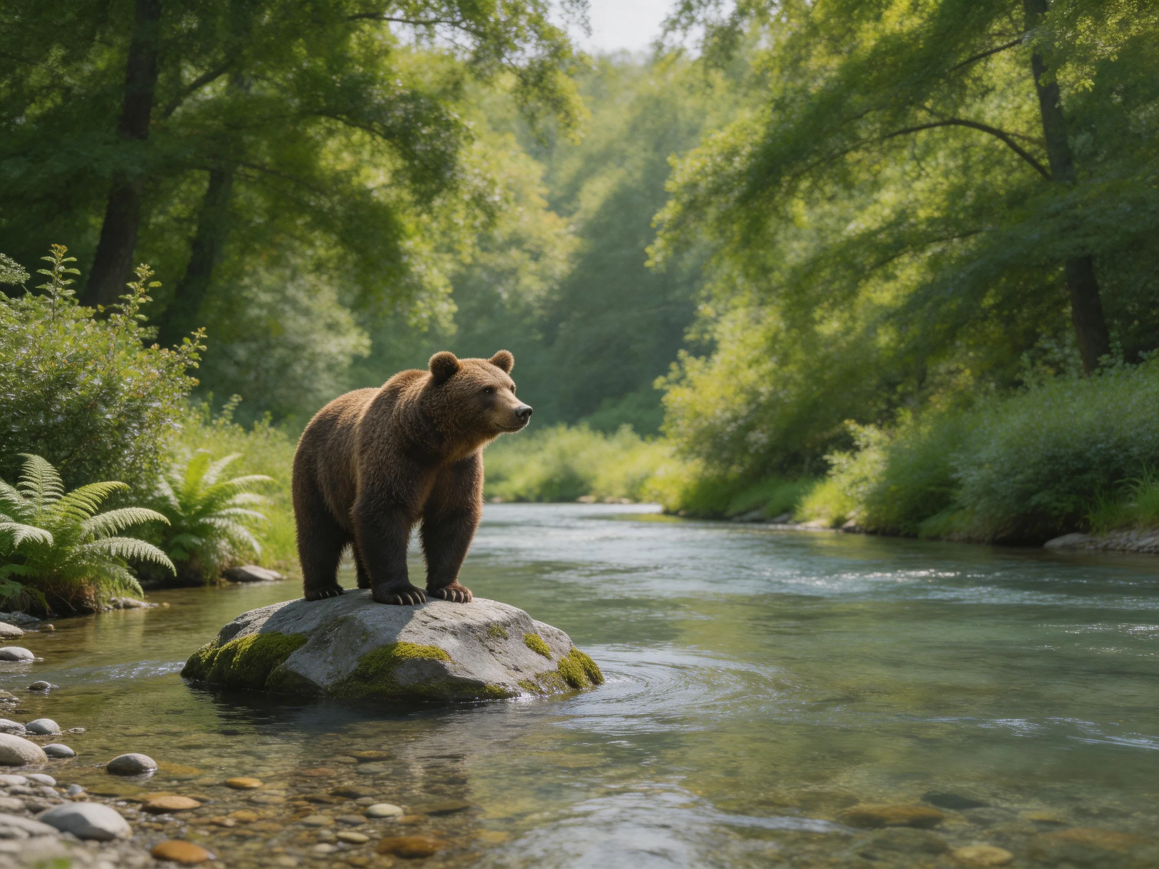A brown bear stands on a mossy rock by a clear stream
