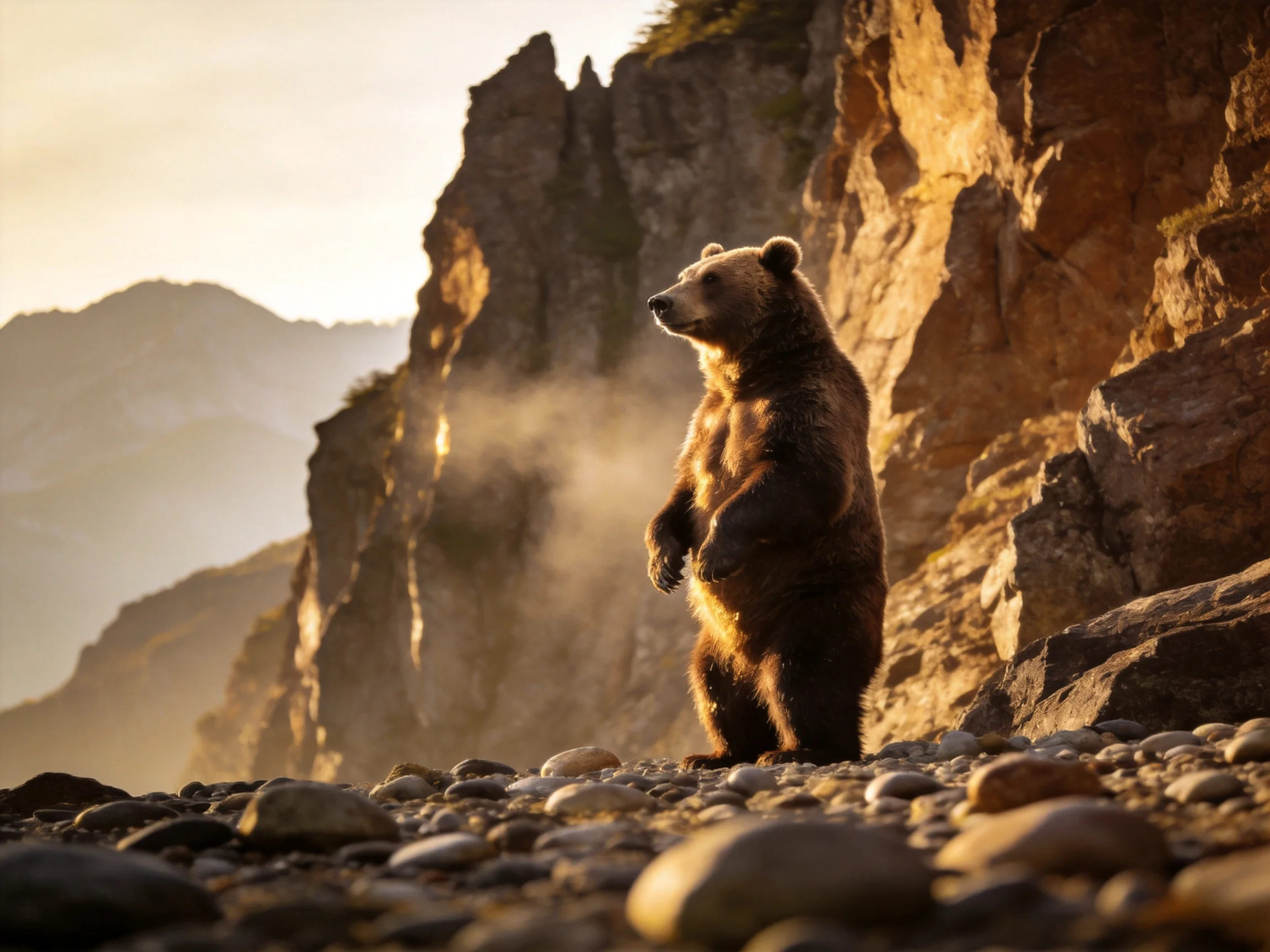 A brown bear stands on a rocky shore near steep cliffs at golden hour