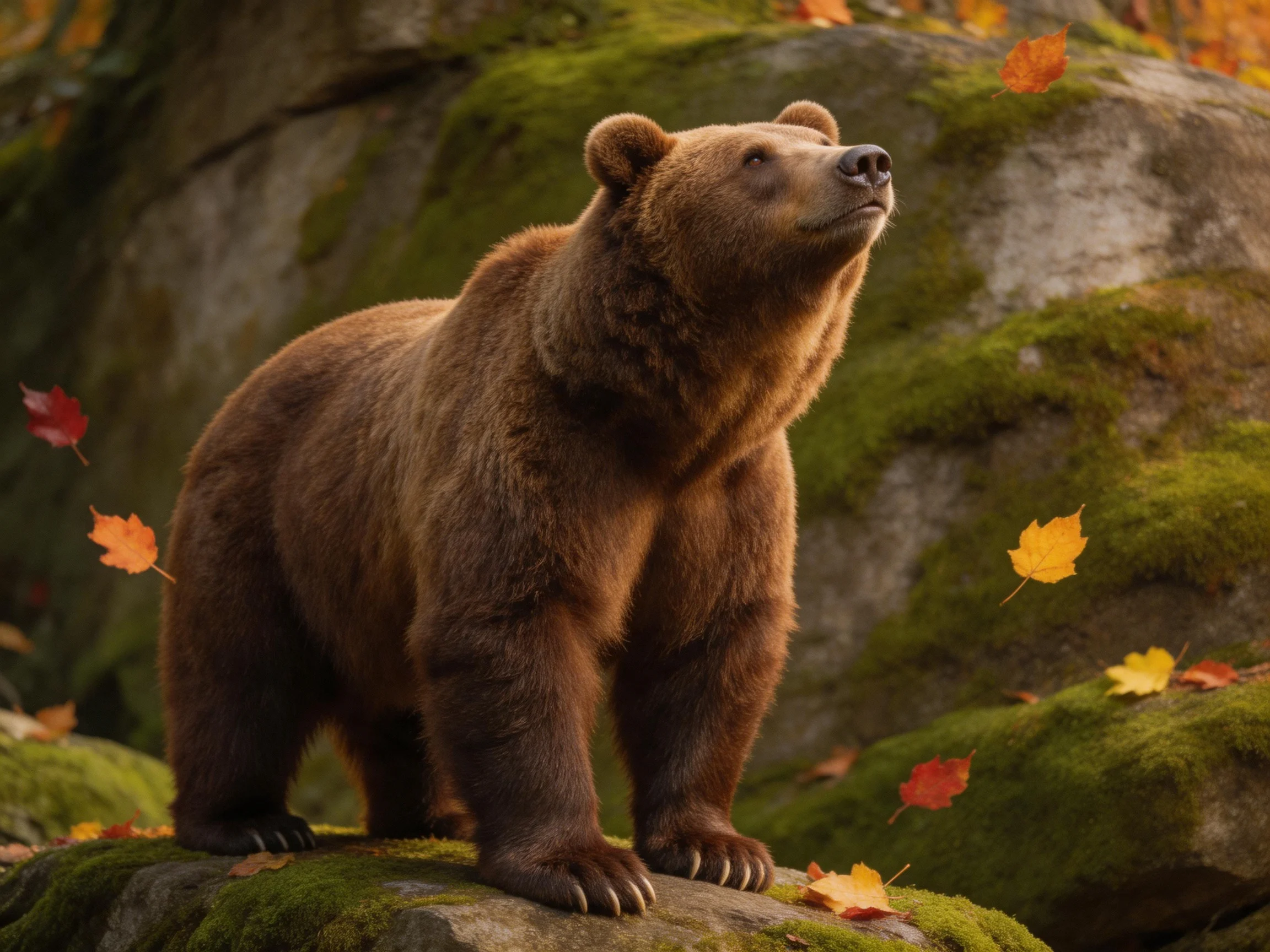 A brown bear stands on moss - covered rocks amid falling autumn leaves