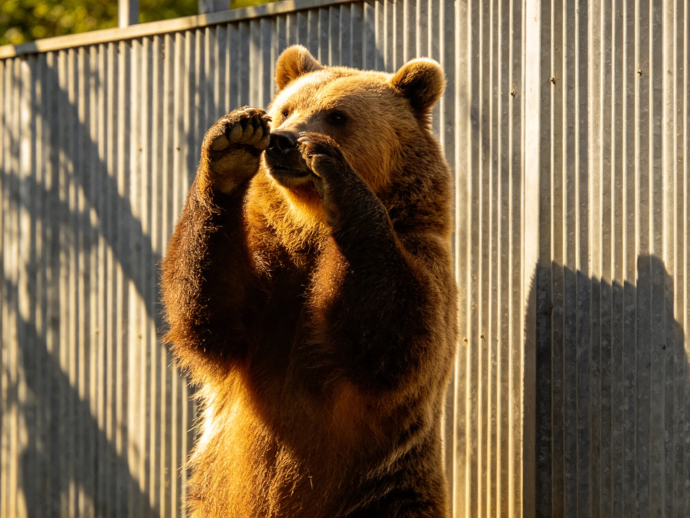 A brown bear stands upright beside a corrugated metal fence
