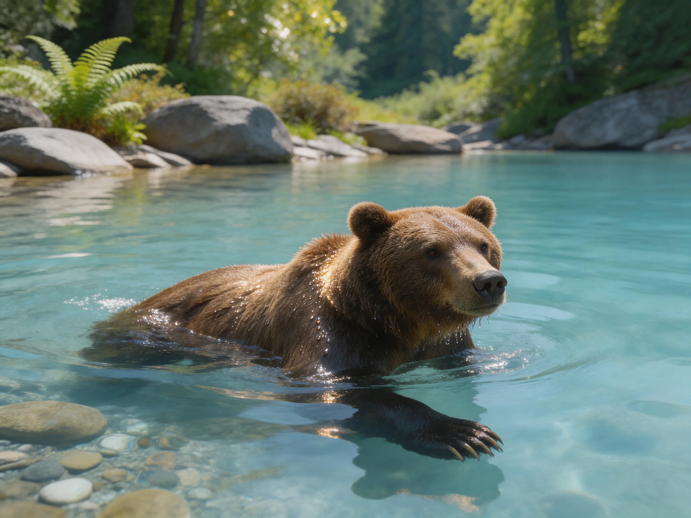 A brown bear swims in a clear, rocky river with lush green surroundings