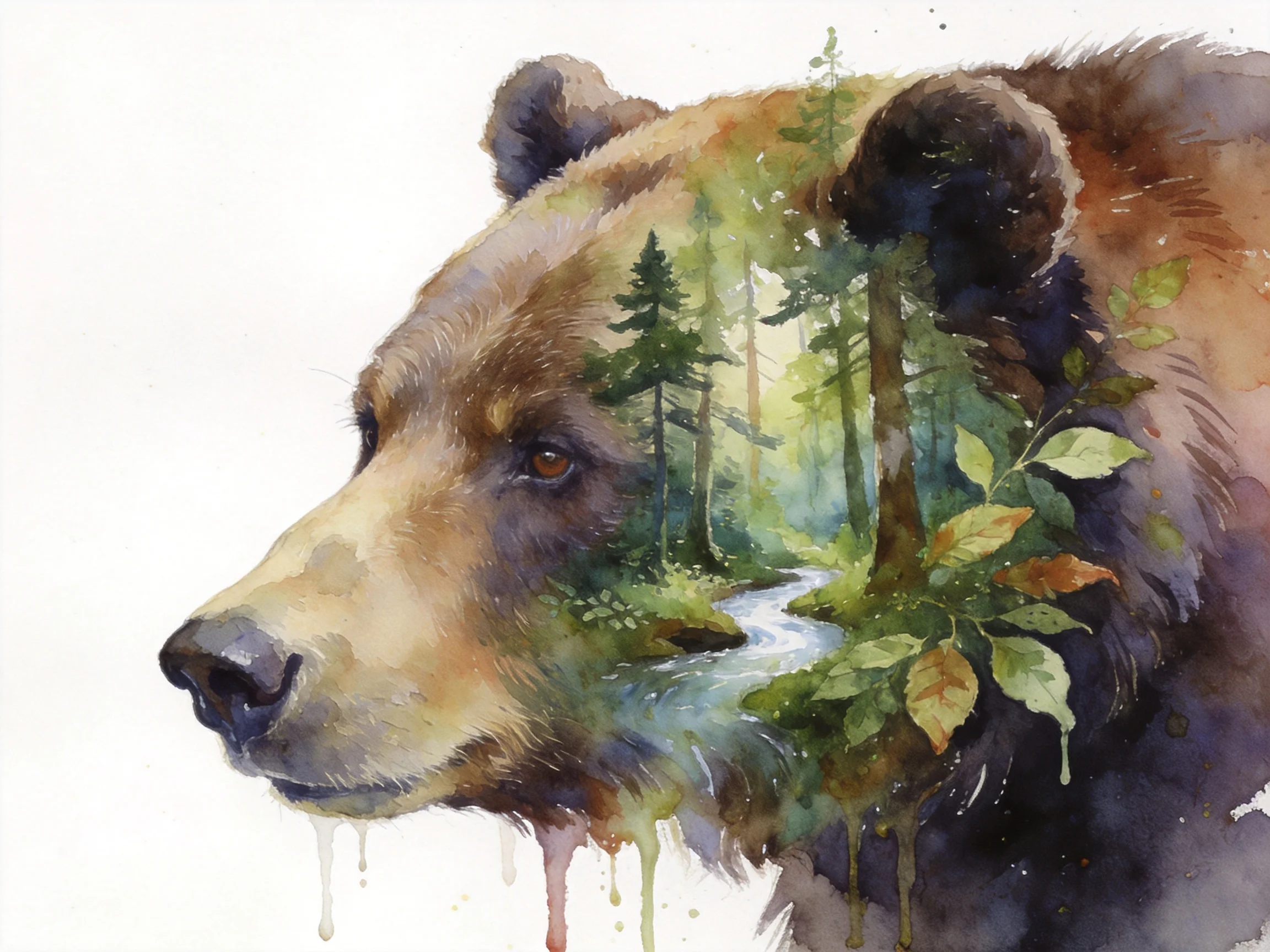 A brown bear with a forest landscape integrated throughout its form