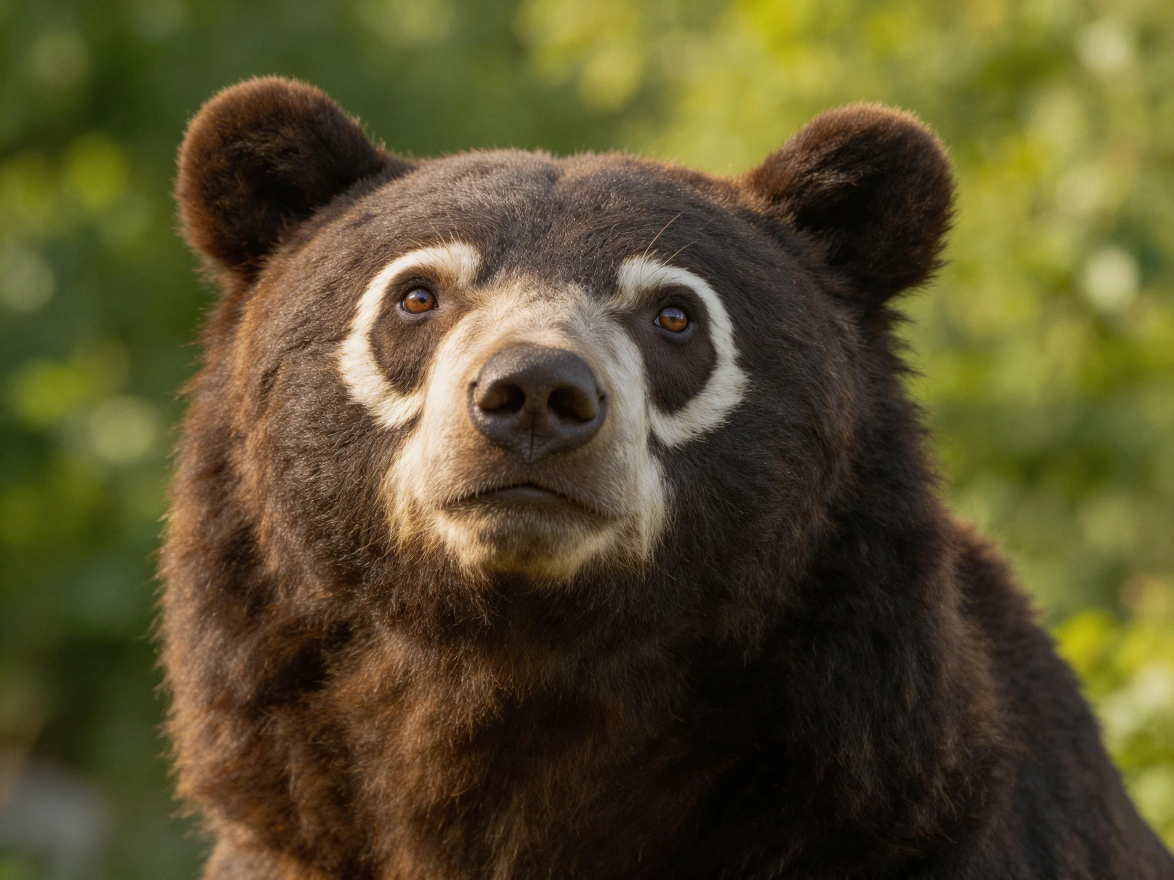 A brown bear with distinctive white facial markings
