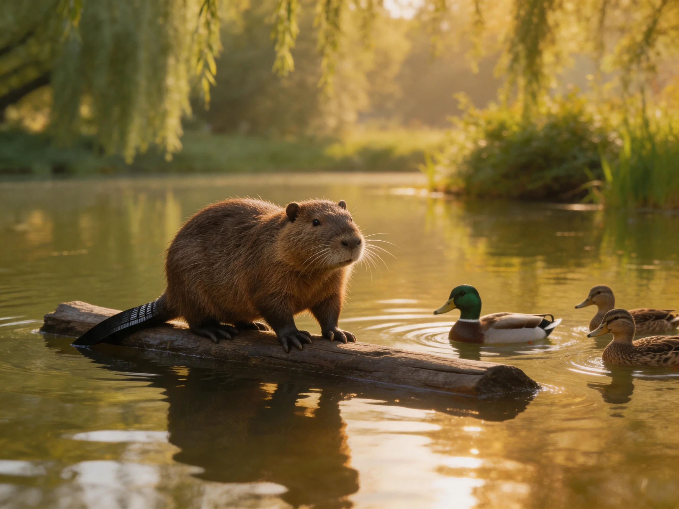 A brown beaver on a log near three ducks in golden water