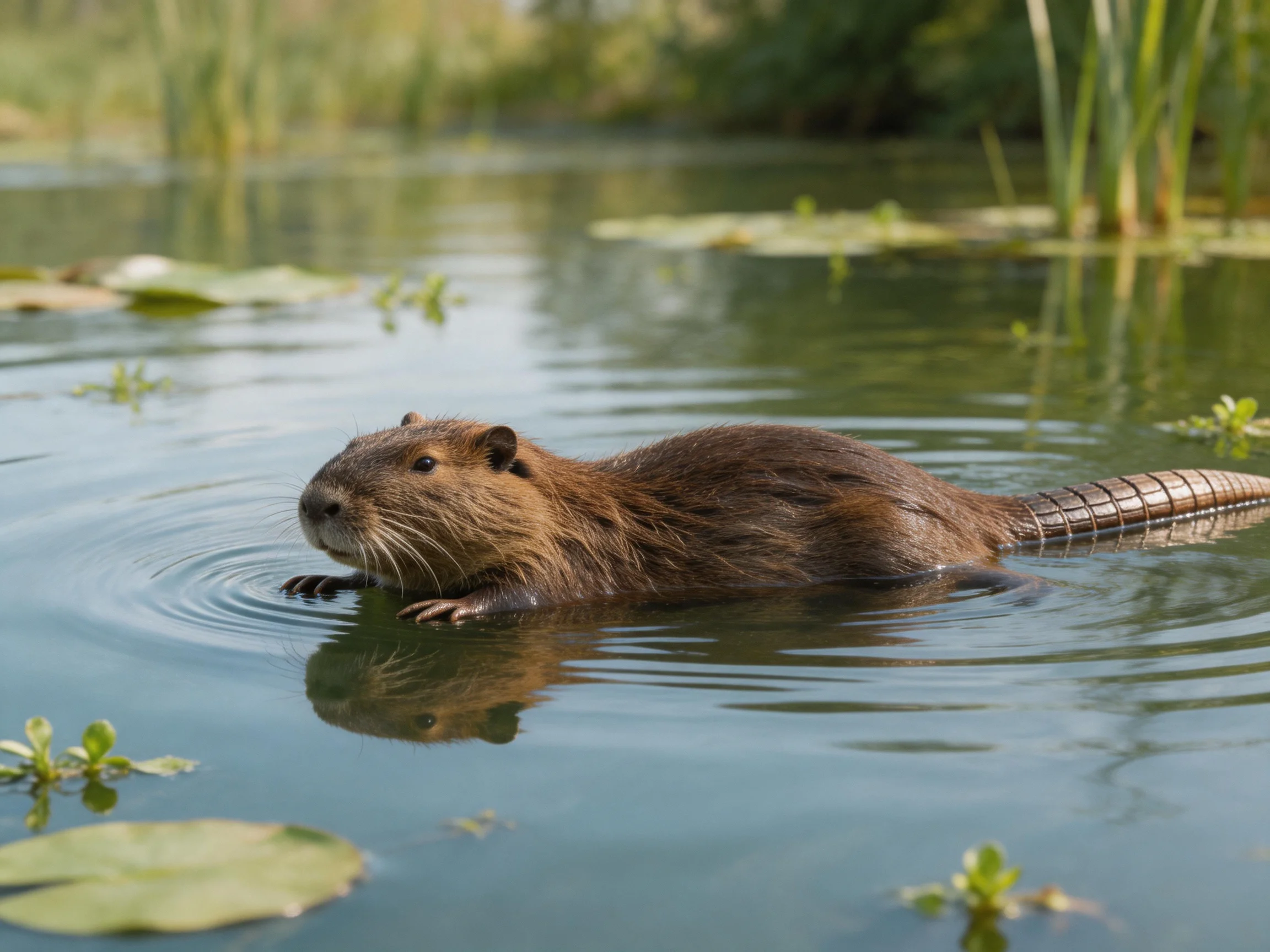 A brown beaver swims through calm water near aquatic plants.