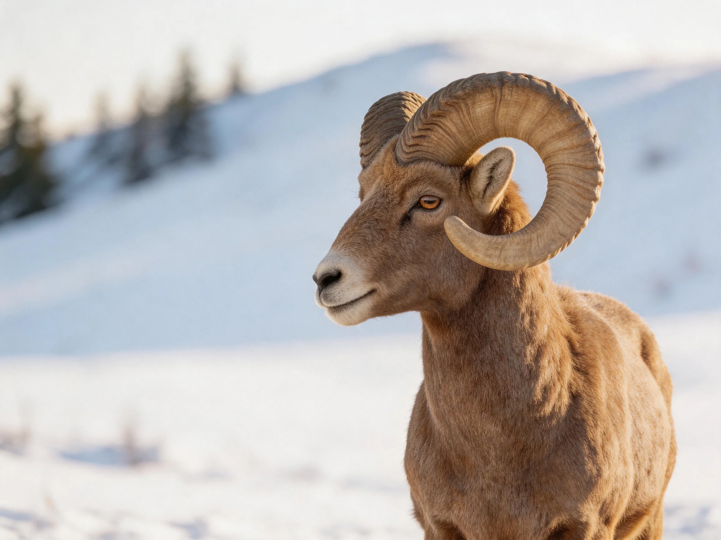 A brown bighorn ram with large curved horns stands in a snowy landscape.
