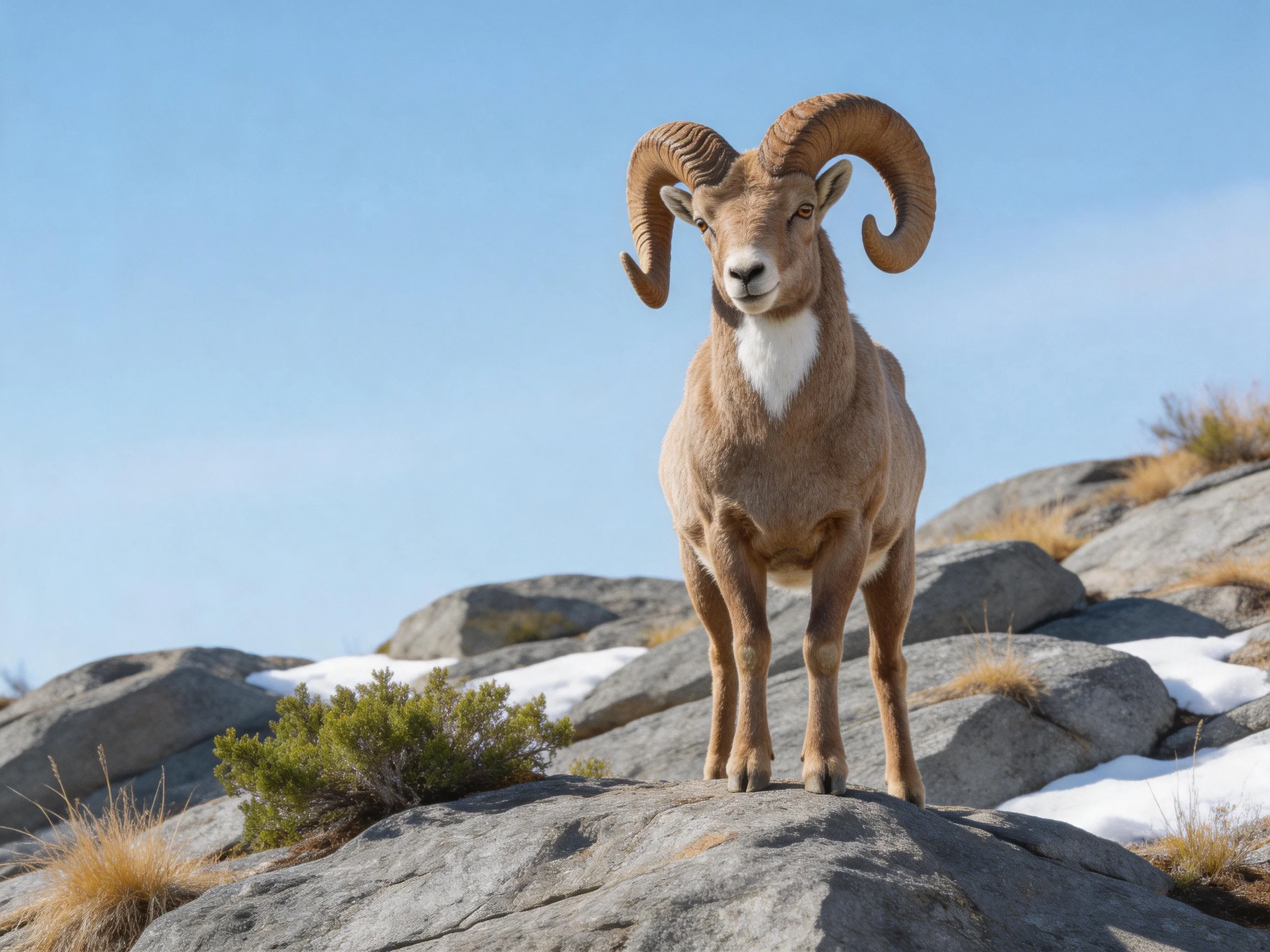 A brown bighorn sheep stands on rocky terrain with patches of snow.