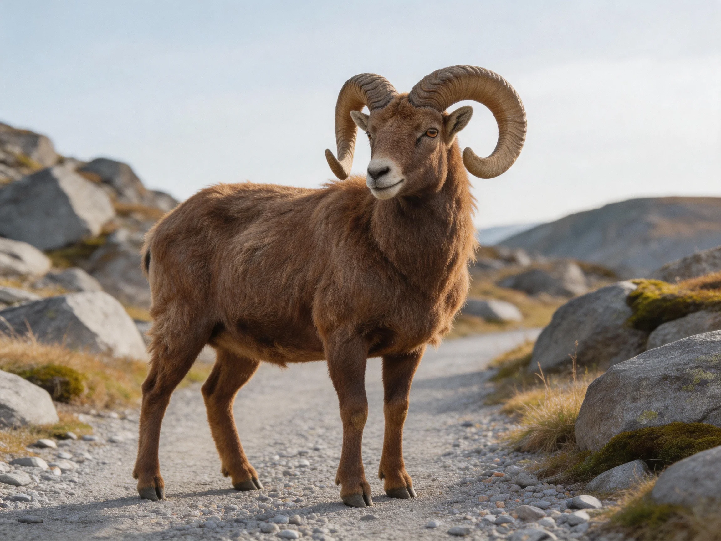 A brown bighorn sheep with large curved horns stands on a rocky mountain path.