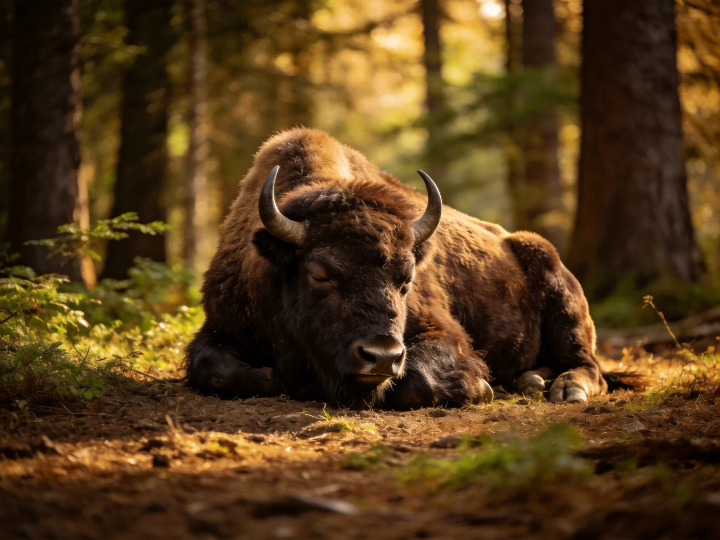 A brown bison rests peacefully amid sun-dappled forest trees